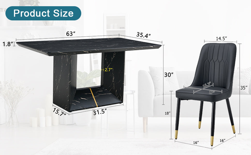Table And Chair Set.This Modern Dining Table With Mdf Marbled Design Gives You A Luxurious And Elegant Feel.Paired With Multiple Chairs With Pu Artificial Leather Backrest Cushions And Black Legs. Black Seats 6 Mdf