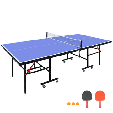 8Ft Mid Size Table Tennis Table Foldable & Portable Ping Pong Table Set For Indoor Games With Net, 2 Table Tennis Paddles And 3 Balls Blue Mdf