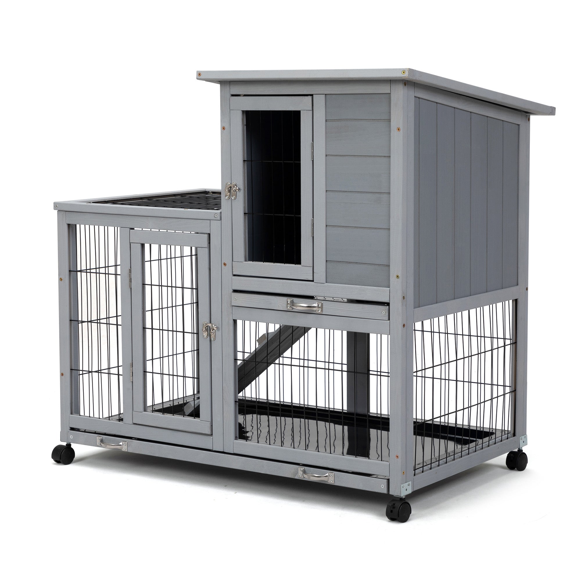 Detachable Rabbit Hutch With Removable Tray And Rolling Casters, Gray White White Gray Pine