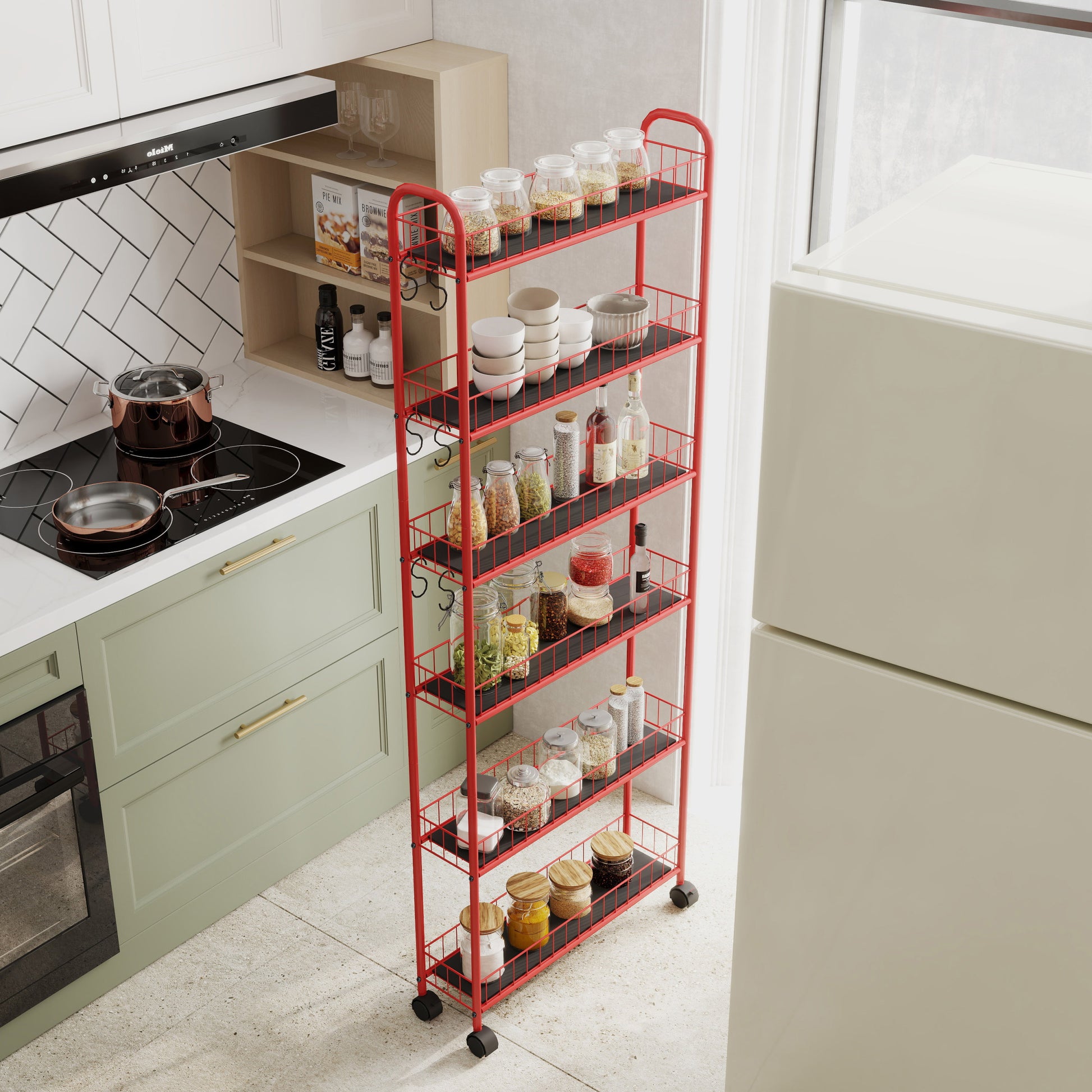 Red 6 Tier Rolling Cart Gap Kitchen Slim Slide Out Storage Tower Rack With Wheels,6 Baskets,Kitchen,Bathroom Laundry Narrow Piaces Utility Cart Red Kitchen American Design,American Traditional Metal