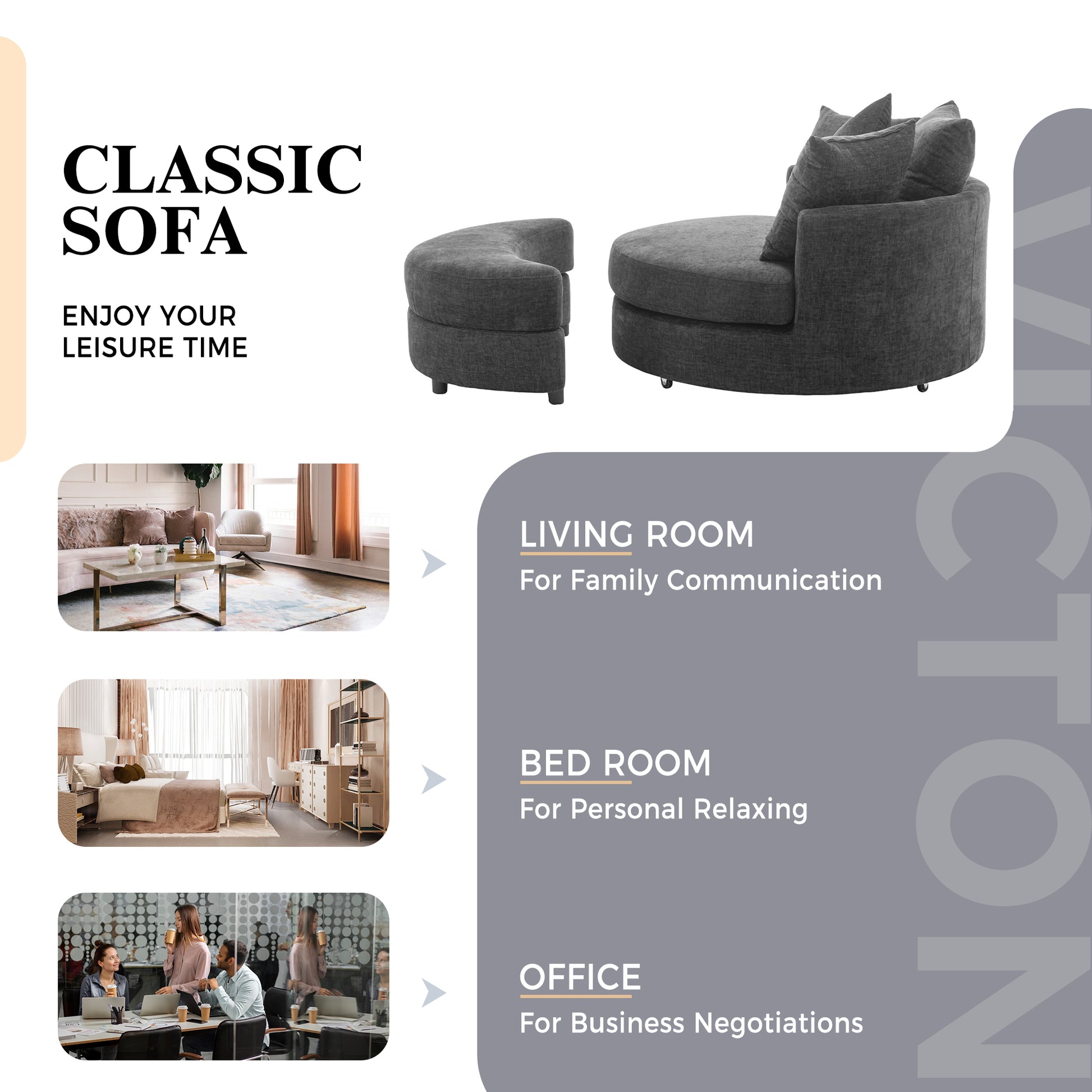 Orisfur. 360 Swivel Accent Barrel Chair With Storage Ottoman & 4 Pillows, Modern Chenille Leisure Chair Round Accent For Living Room, Gray Gray Foam Chenille