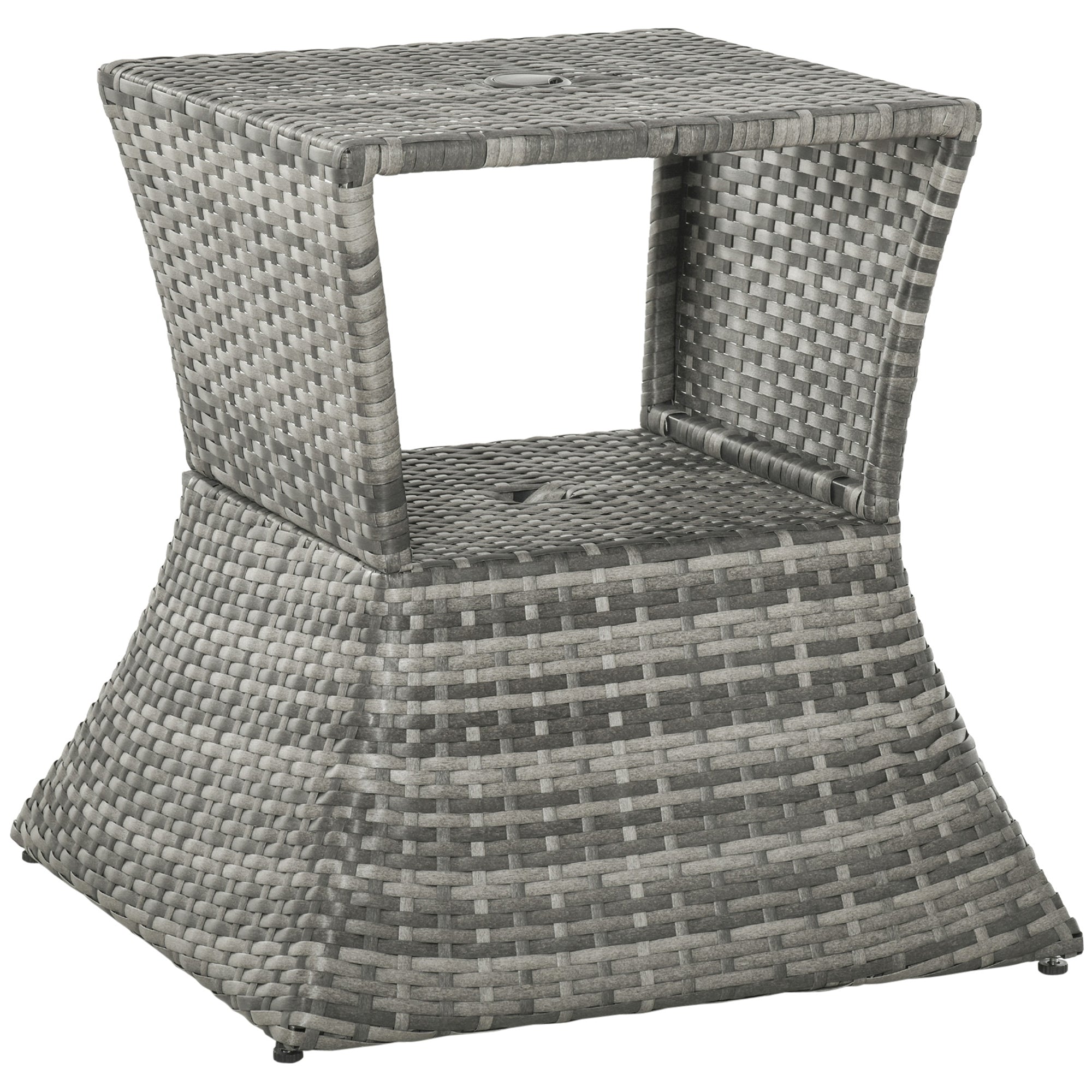 Outsunny Rattan Wicker Side Table With Umbrella Hole, 2 Tier Storage Shelf For All Weather For Outdoor, Patio, Garden, Backyard, Mixed Grey Grey Metal