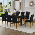 Table And Chair Set.Morden Luxurious Black Rectangular Patterned Dining Table With Glass Tabletop.Paried With 8 Dining Chairs, Modern Kitchen Upholstered High Backrest, Metal Leg. Black Gold Seats 8 Mdf Glass