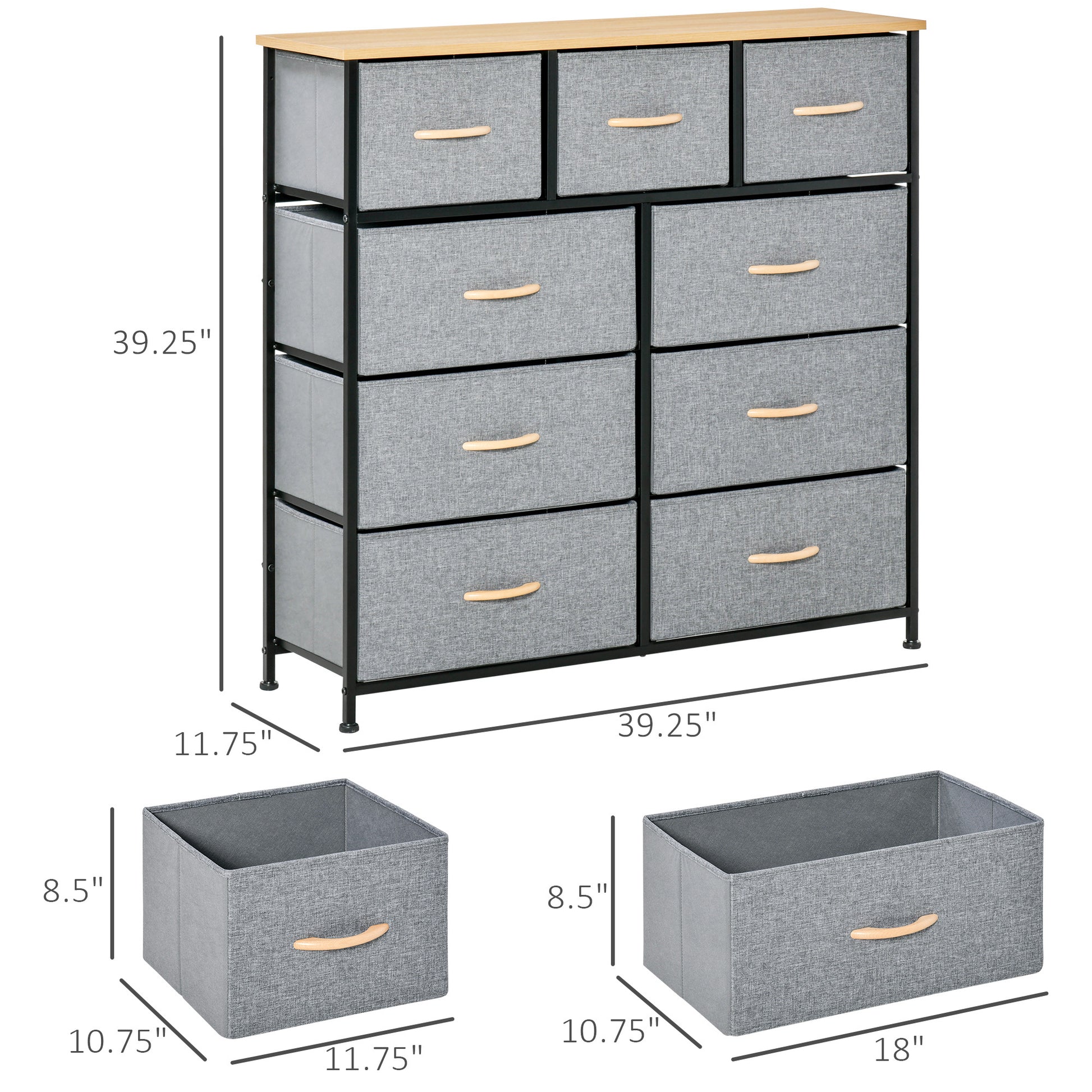 Homcom 9 Drawers Storage Chest Dresser Organizer Unit W Steel Frame, Wood Top, Easy Pull Fabric Bins, For Bedroom, Hallway, Closet, Entryway, Oak & Grey Oak Linen