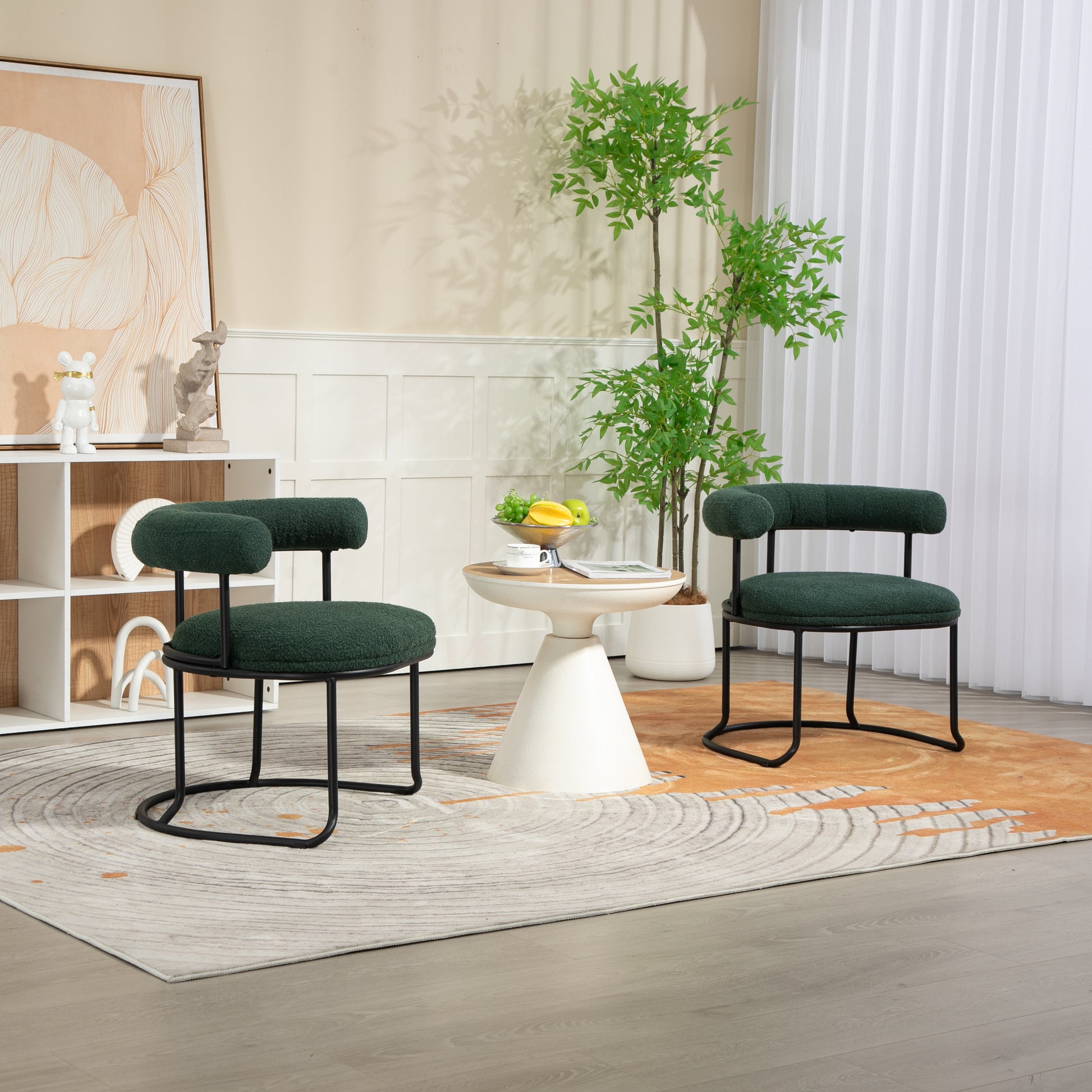 Coolmore Boucle Dining Chairs Set Of 2, Mid Century Modern Curved Backrest Chair, Round Upholstered Kitchen Chairs Emerald Boucle Emerald Foam Mdf Metal