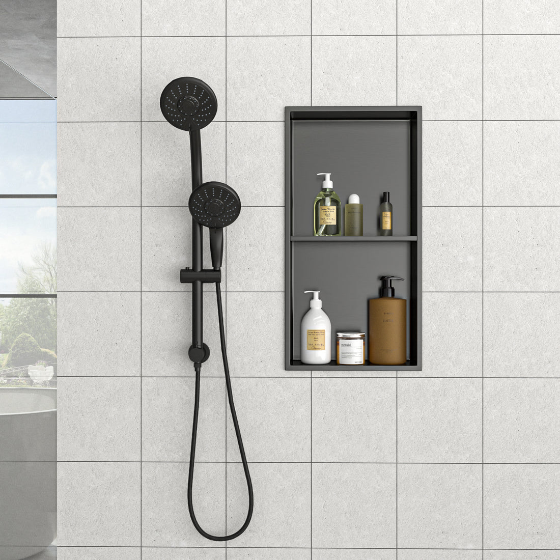 13" X 25" Stainless Steel Shower Niche Double Shelf, Gunmetal Black Gunmetal Black Stainless Steel