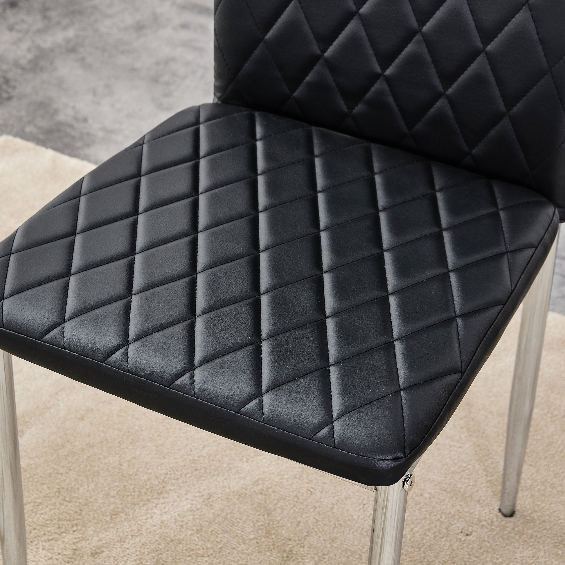 Table And Chair Set.Large Modern Rectangular Table With Brown Glass Top And Silver Metal Legs. Paired With 4 Black Chairs With Checkered Armless High Back Pu Cushion And Silver Metal Legs. Black,Silver Seats 4 Glass Metal