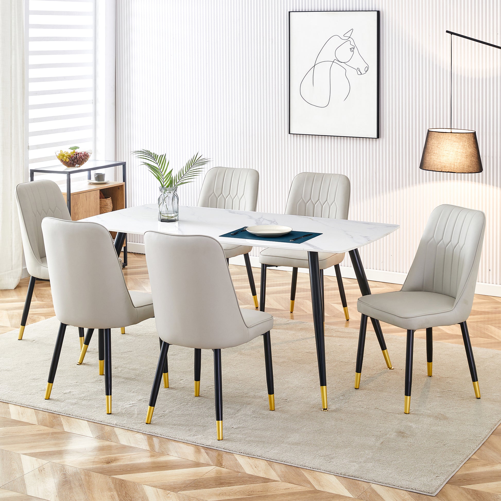 Modern Minimalist Dining Table. White Imitation Marble Pattern Sintered Stone Desktop With Black Metal Legs.Modern Dining Chair With Pu Artificial Leather Backrest Cushion And Black Metal Legs.F 001 Black Gold Sintered Stone