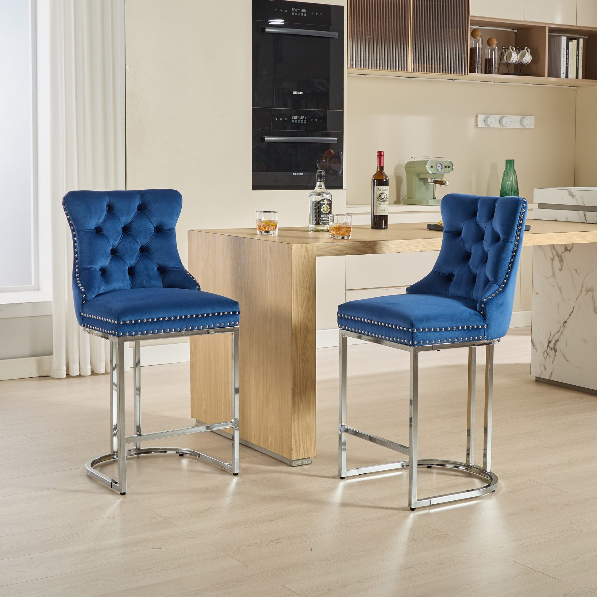 25" Counter Height Bar Stools Set Of 2, Modern Velvet Barstools With Button Back&Rivet Trim Upholstered Kitchen Island Chairs With Sturdy Chromed Metal Base Legs Farmhouse Bar Stools, Blue,2 Pack