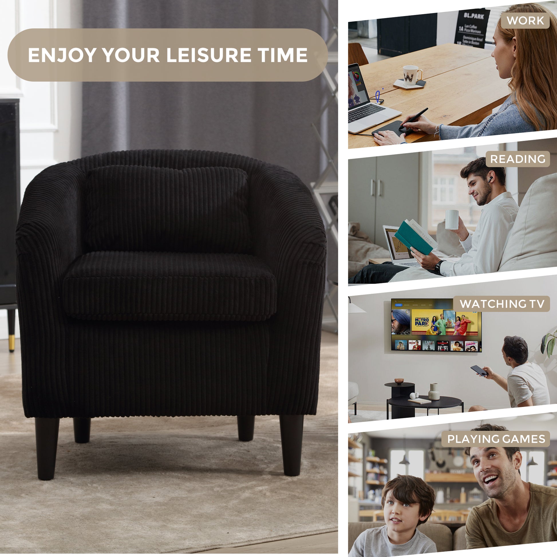 Coolmore Living Room Accent Barrel Chair, Century Modern Style Decorative Chair, Armchair For Living Room With Thick Cushions And Pillows, Comfy Single Sofa Chair, Chair With Wooden Legs,Black Black Corduroy