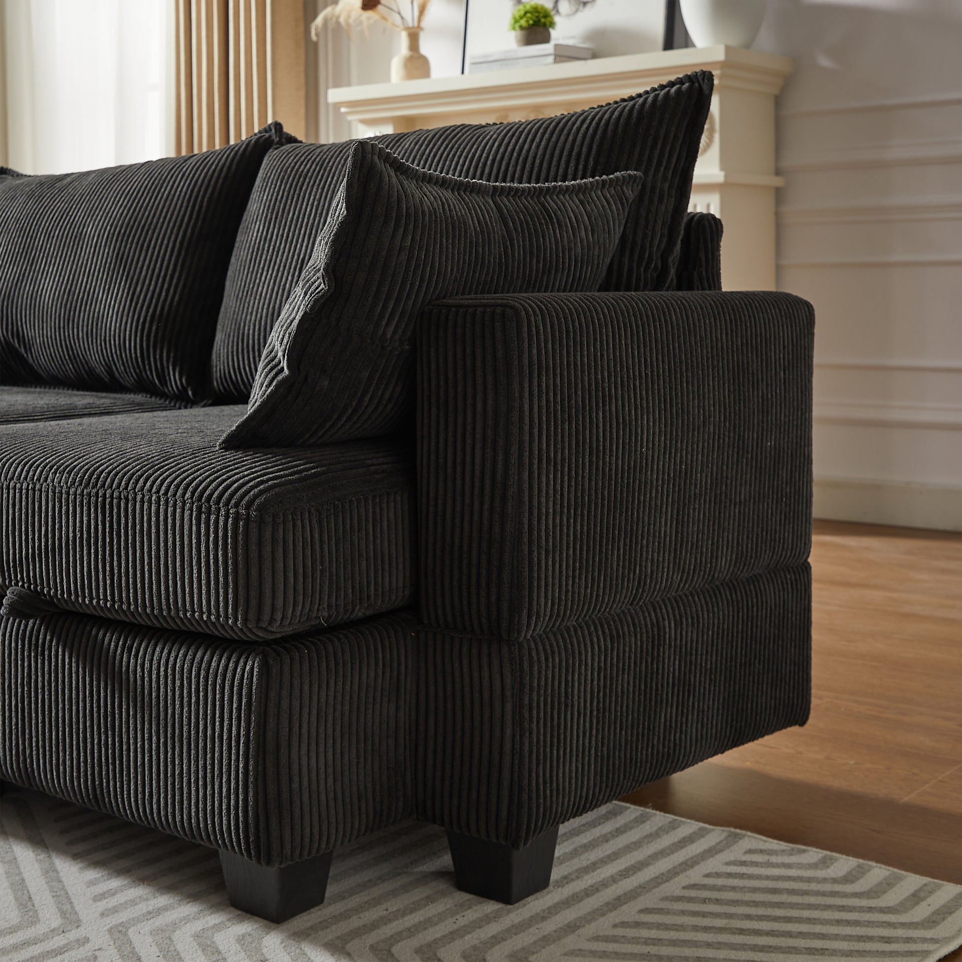 113.5'' Modular Sectiona Corduroy Sofa, Sectional Couches For Living Room U Shaped Sectional Couch With Storage Ottoman, 6 Seats Convertible Sectionals With Chaise Black Corduroy 6 Seat