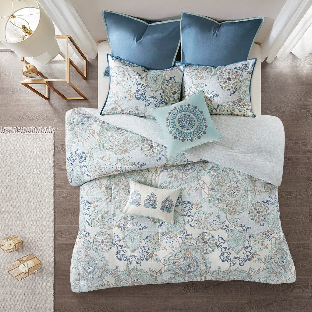 8 Piece Cotton Floral Printed Reversible Comforter Set Blue King King Blue Cotton