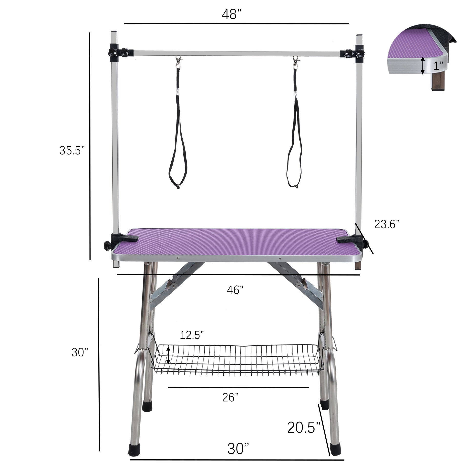 46" Folding Dog Pet Grooming Table Stainless Steel Frame Rubber Mat On Board With Adjustable Arm And Clamps Pet Dog Cat Grooming Table Purple Color Purple Rubber Stainless Steel