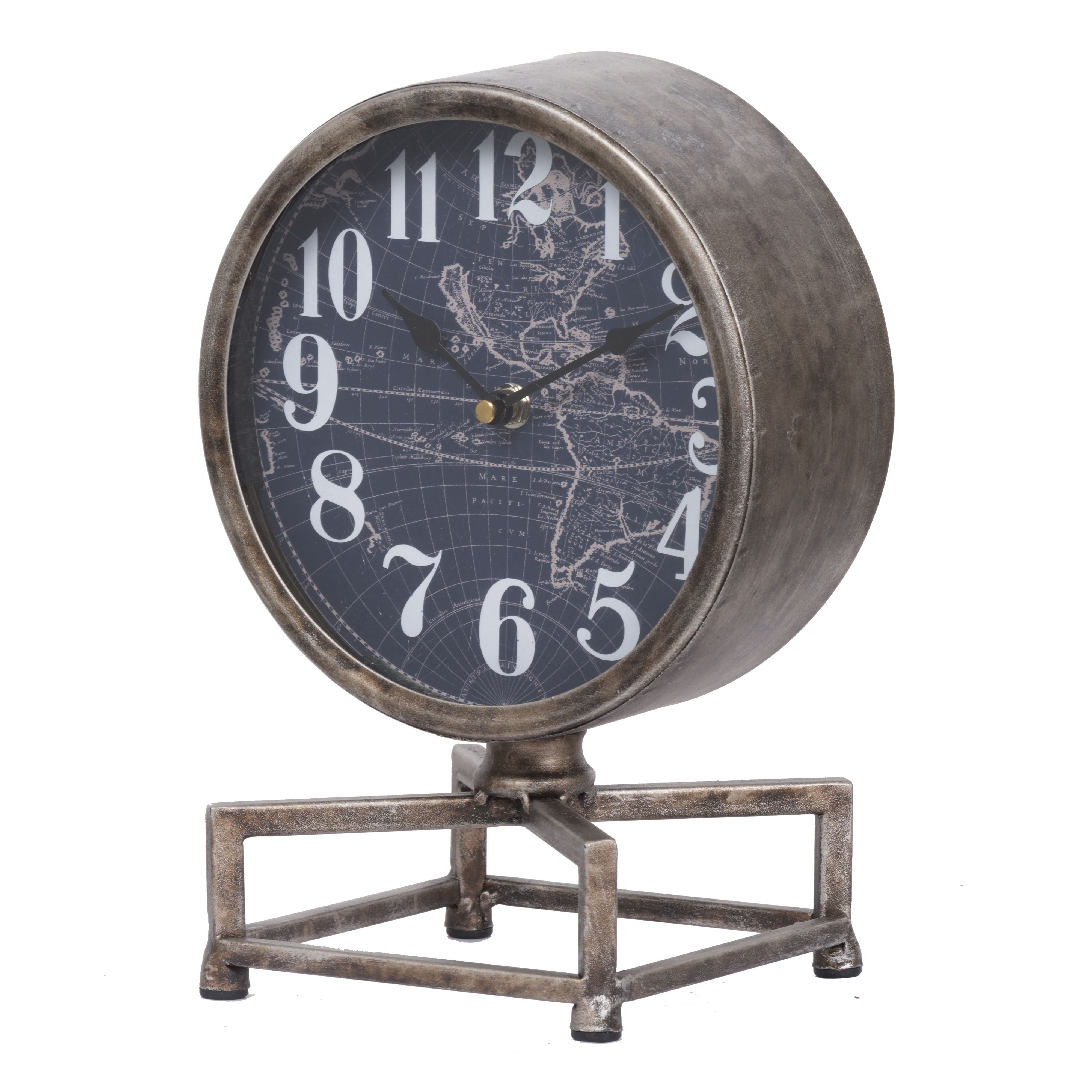 Metal Table Clock With Map Theme Background And Geometric Base, Gray G