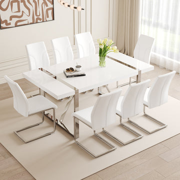 Table And Chair Set.71"X39.3" White Mdf Painting Dining Table Set With 8 White Pu Chairs.Showcasing A Modern And Stylish Look.Suitable For Dining Room.Mdf Painting,Iron Pipe Plating,Pu Chiairs.