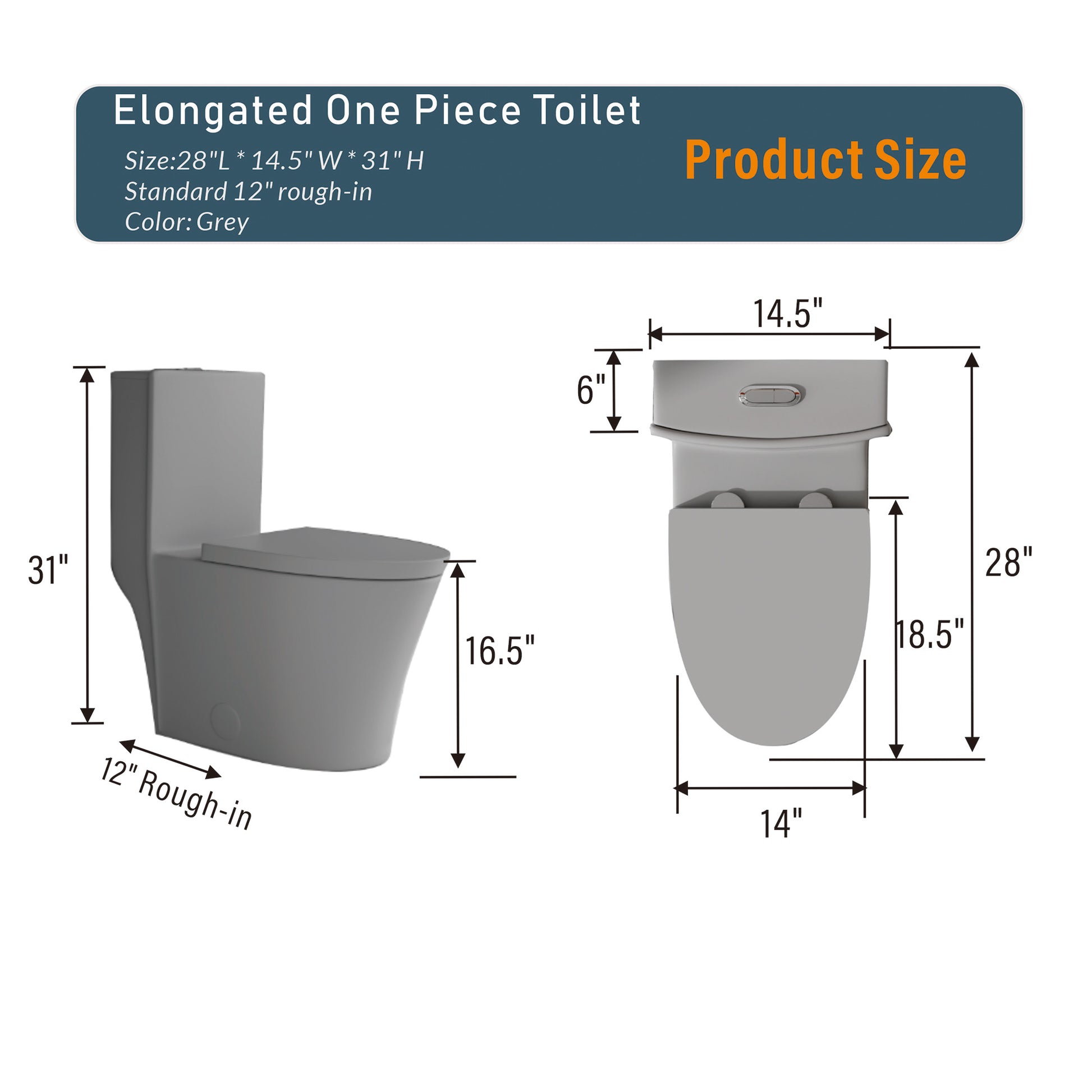 Matte Grey Elongated One Piece Toilet Dual Flush 1.1 1.6 Gpf Water Saving Comfort Seat Height, Map 1000G,Grey Grey Modern Porcelain