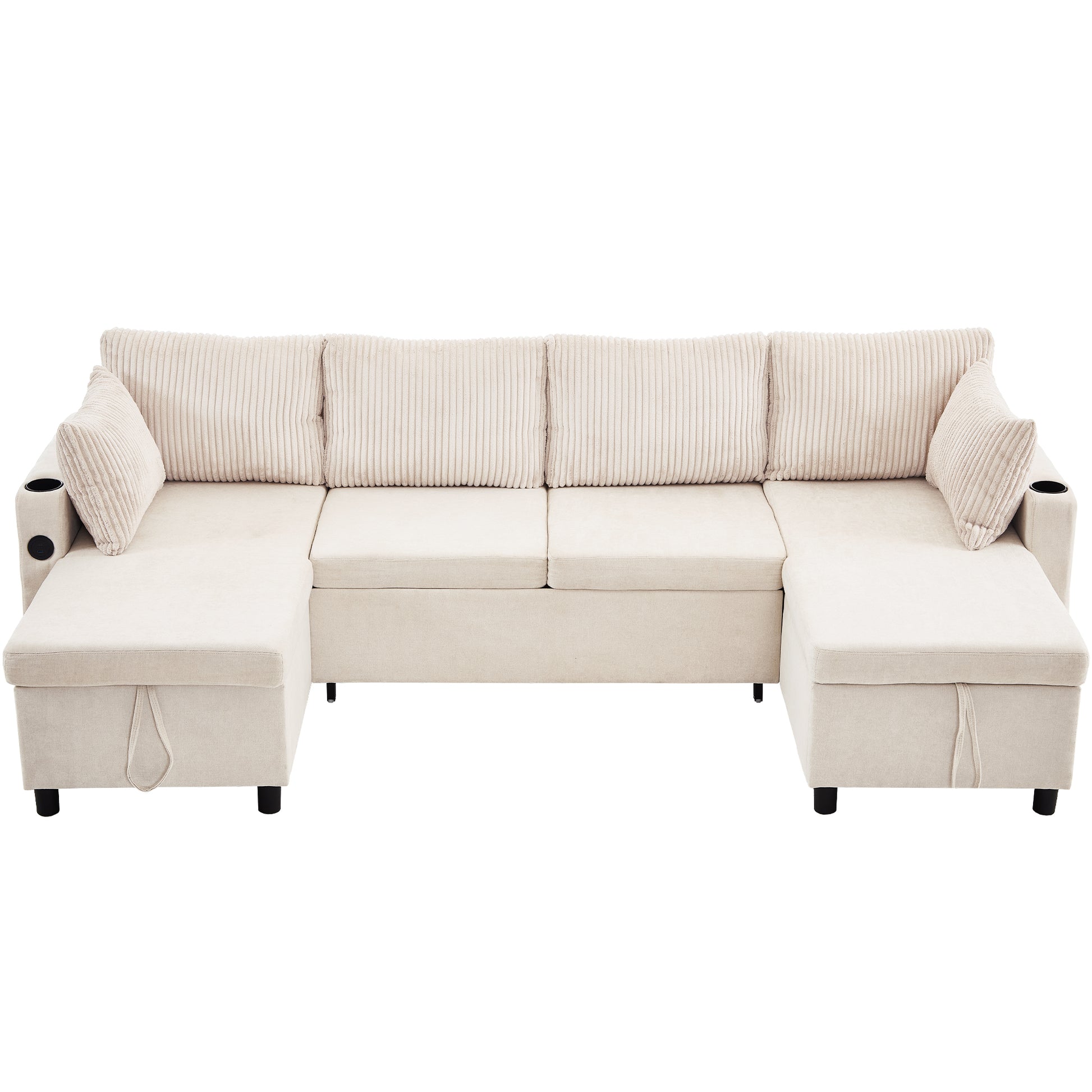 111.8" Sectional Sofa Pull Out Sofa Bed Versatile Sofa Sleeper With Large Storage Space, Two Usb Ports And Two Cup Holders For Living Room, Beige Beige Foam Chenille 4 Seat