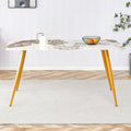 Modern Minimalist Dining Table. White Imitation Marble Pattern Sintered Stone Desktop With Golden Metal Legs.62.2