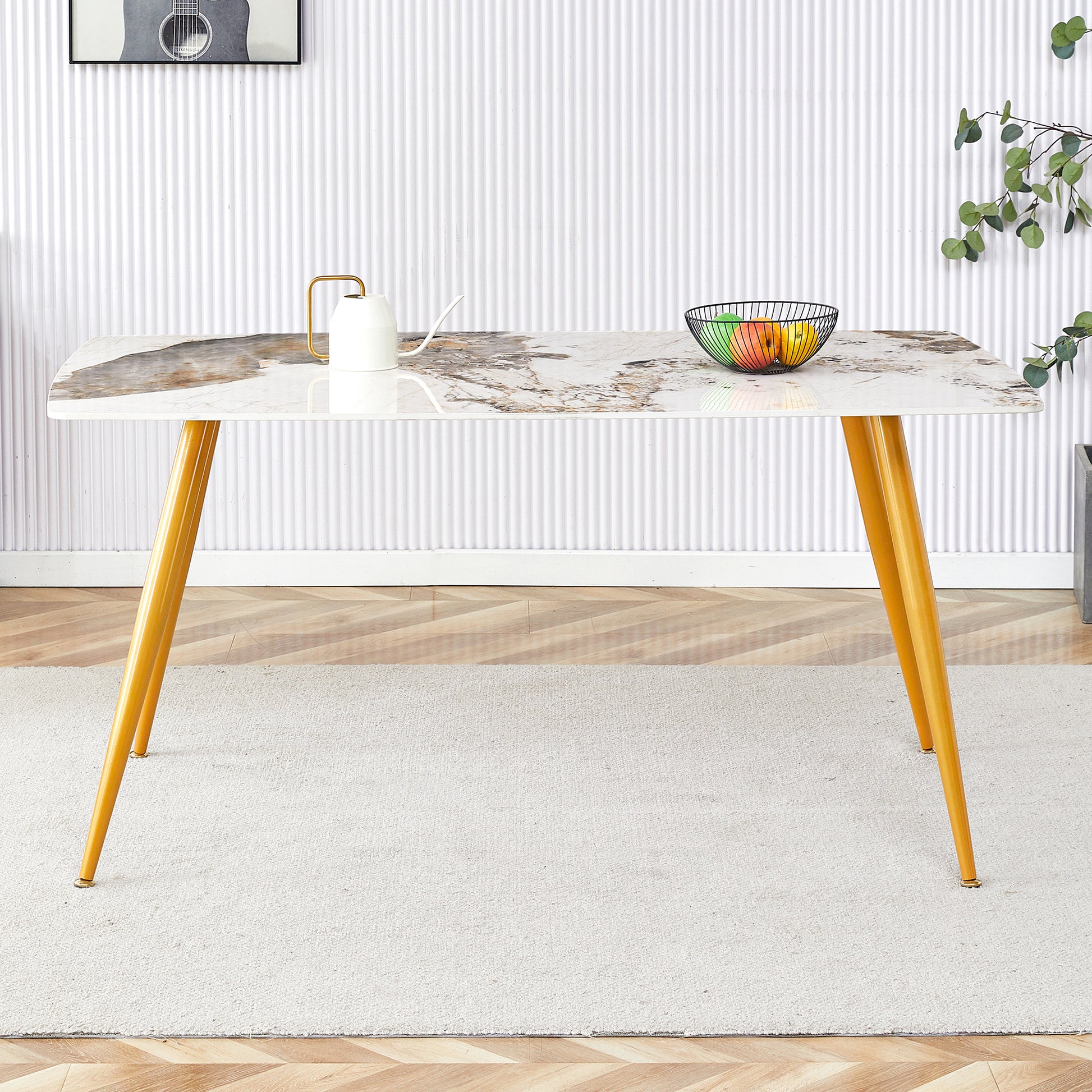 Modern Minimalist Dining Table. White Imitation Marble Pattern Sintered Stone Desktop With Golden Metal Legs.62.2"*34.6"*30" F 001 Gold Sintered Stone