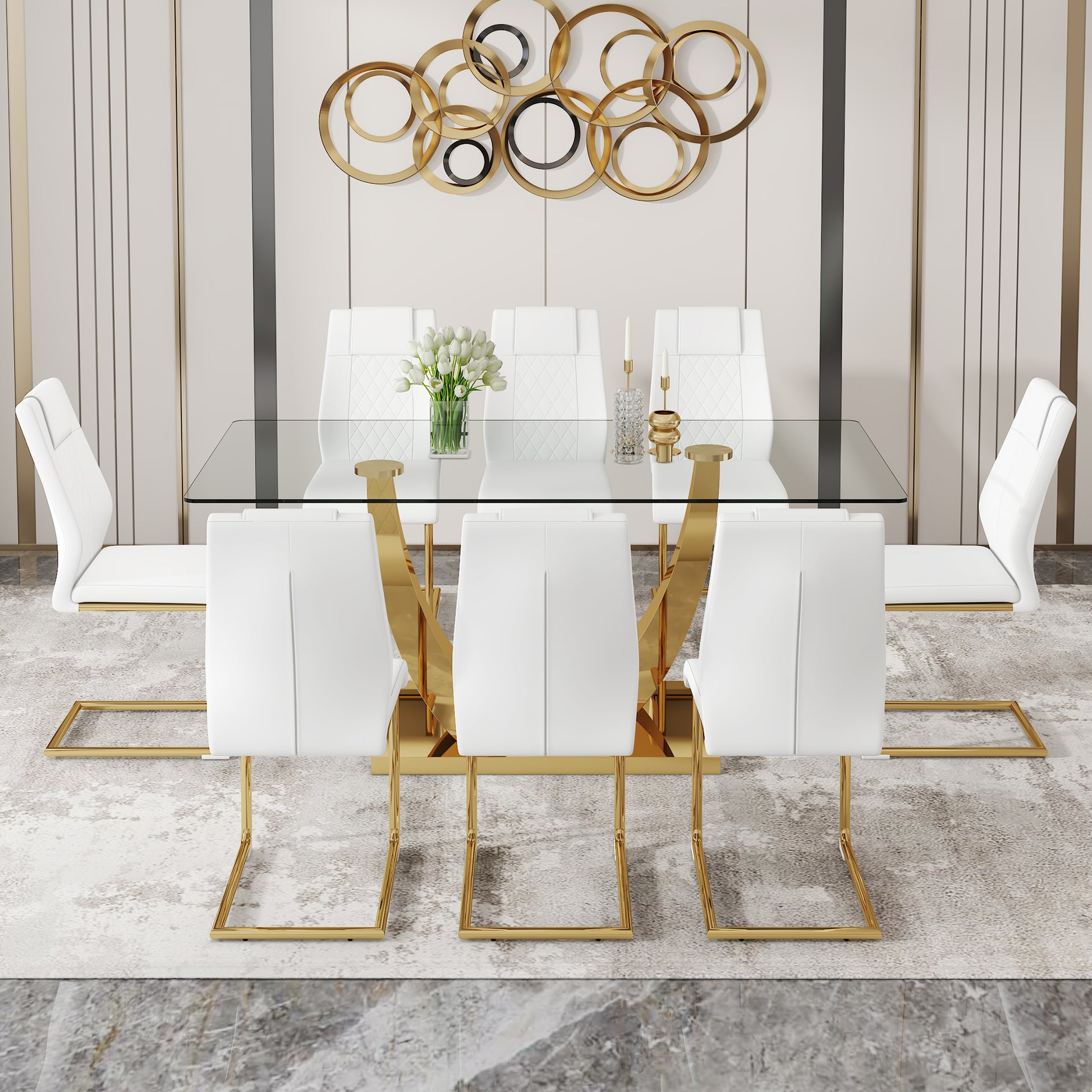 Table And Chair Set.Modern Rectangular Dining Table With Transparent Tempered Glass Tabletop And Gold Plated Metal Legs.Paried With 8 Comfortable Chairs With Pu Seats And Golden Metal Legs. Transparent,White Gold Seats 8 Glass Metal