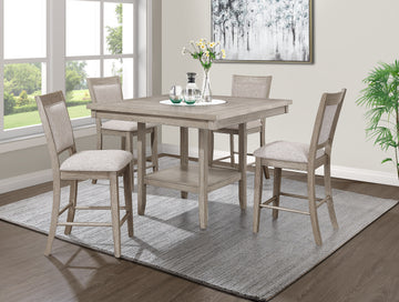 5Pc Dining Set Contemporary Farmhouse Style Counter Height W 20 Inch White Faux Marble Lazy Susan All Tan Beige Gray Finish Upholstered Chairs Wooden Wood Veneers Solid Wood Dining Room Furniture