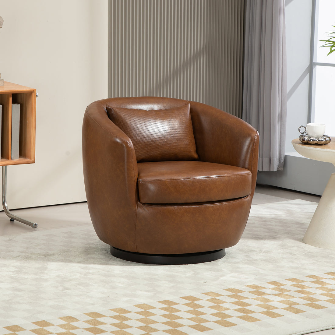 Upholstered Swivel Barrel Armchair With Storage Modern Living Room Side Chair For Bedroom Office Reading Spaces Pu Light Brown Light Brown Upholstered