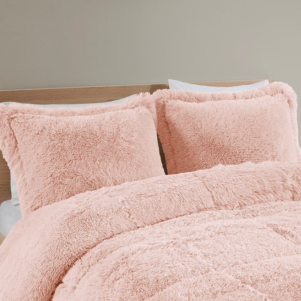 Shaggy Long Fur Comforter Mini Set Twin Blush Polyester