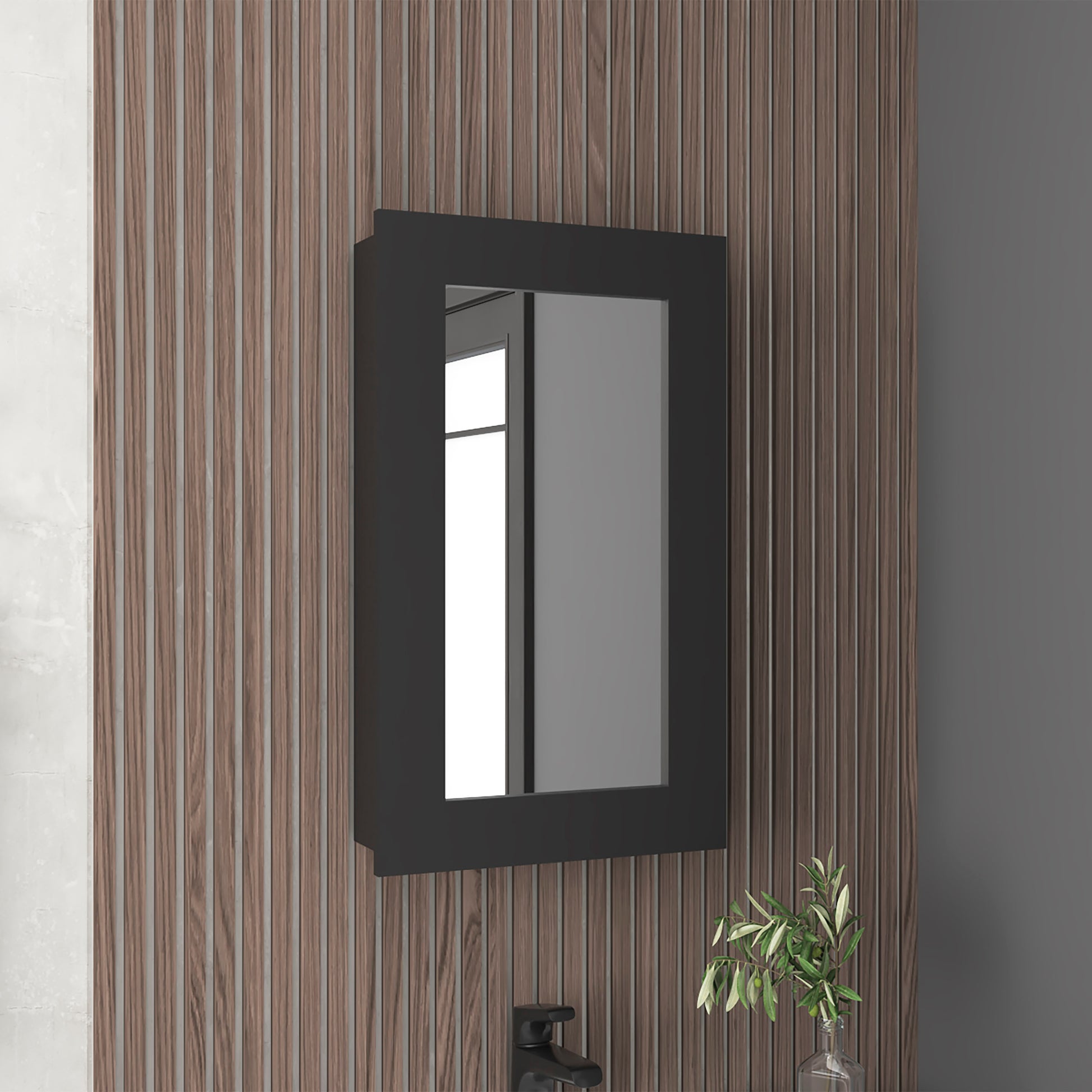 Juno 25.7" H X 15.7" W Narrow Mirror Medicine Cabinet, One Door With Three Interior Shelves For Bathroom, Kitchen Black Black Particle Board