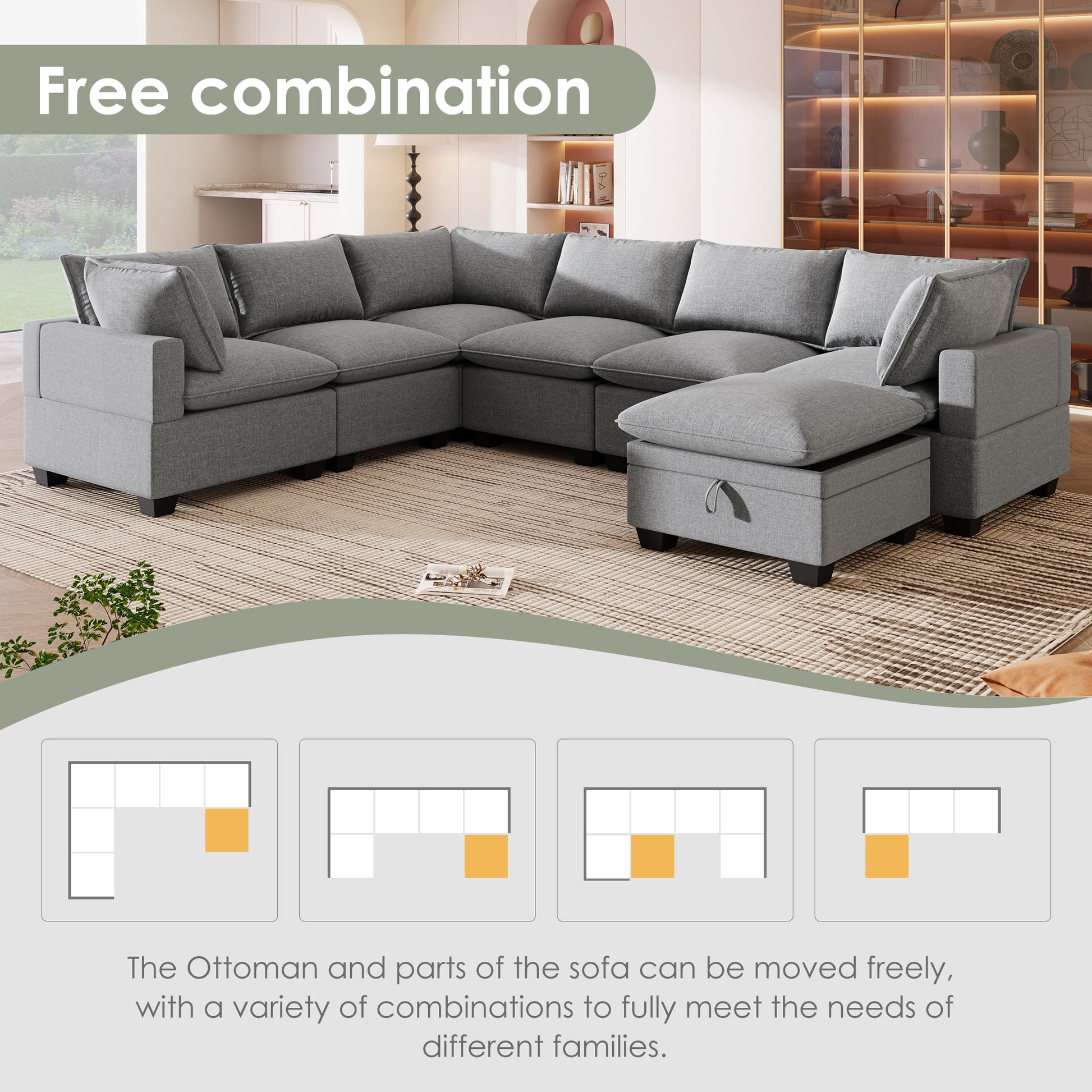 120*93" Modern U Shape Modular Sofa With Storage Ottoman,Luxury 7 Seat Sectional Couch Set With 2 Pillows Included,Freely Combinable Indoor Funiture For Living Room, Apartment Gray Polyester 7 Seat