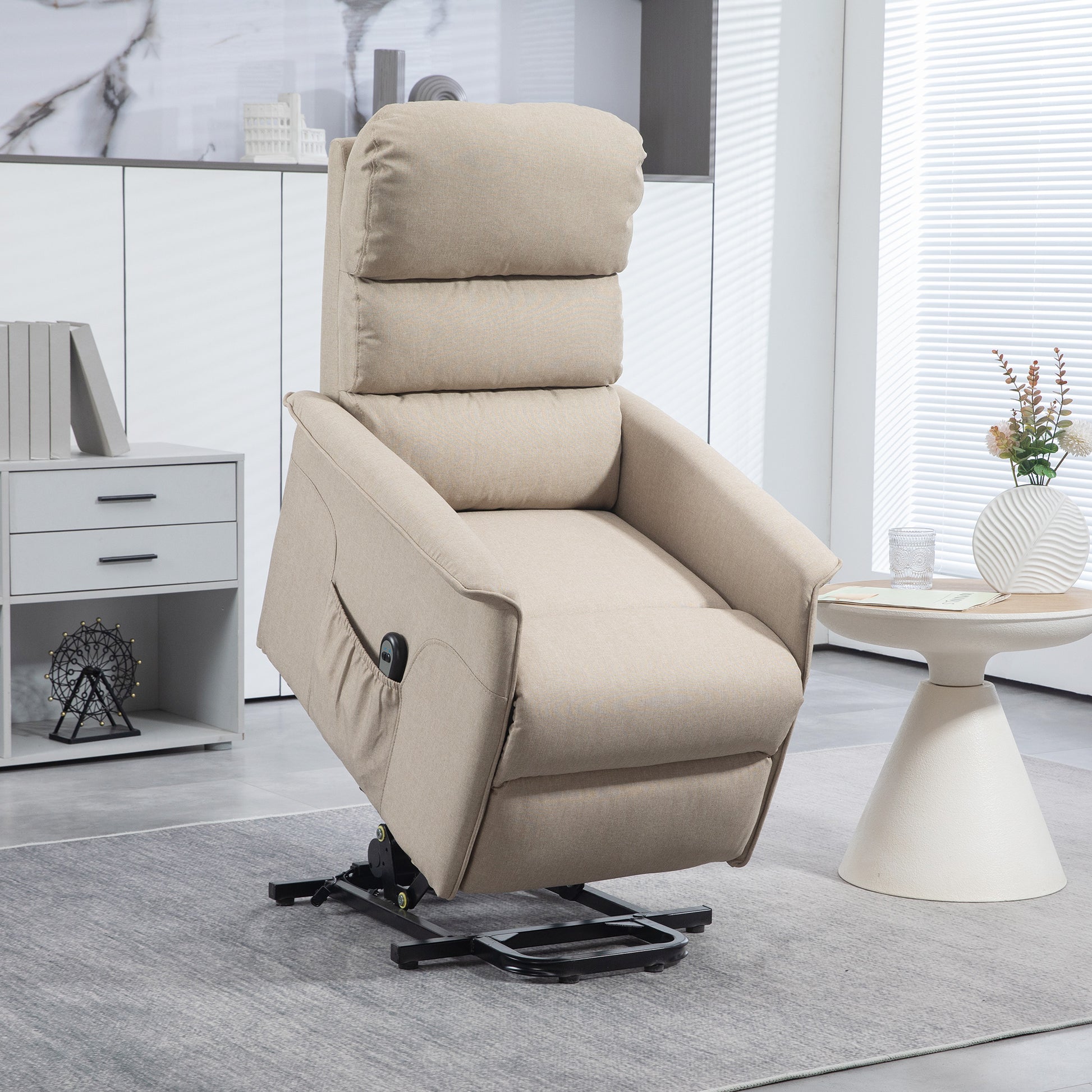 Homcom Power Lift Recliner Chair For Elderly, Easy Assembly, Fabric Lift Chair With Remote Control, Side Pockets For Living Room, Beige Beige Polyester
