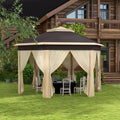 Outsunny 13' X 13' Pop Up Gazebo, Hexagonal Canopy Shelter With 6 Zippered Mesh Netting, Event Tent With Strong Steel Frame For Patio, Backyard, Garden, Wedding, Party, Beige Beige Steel