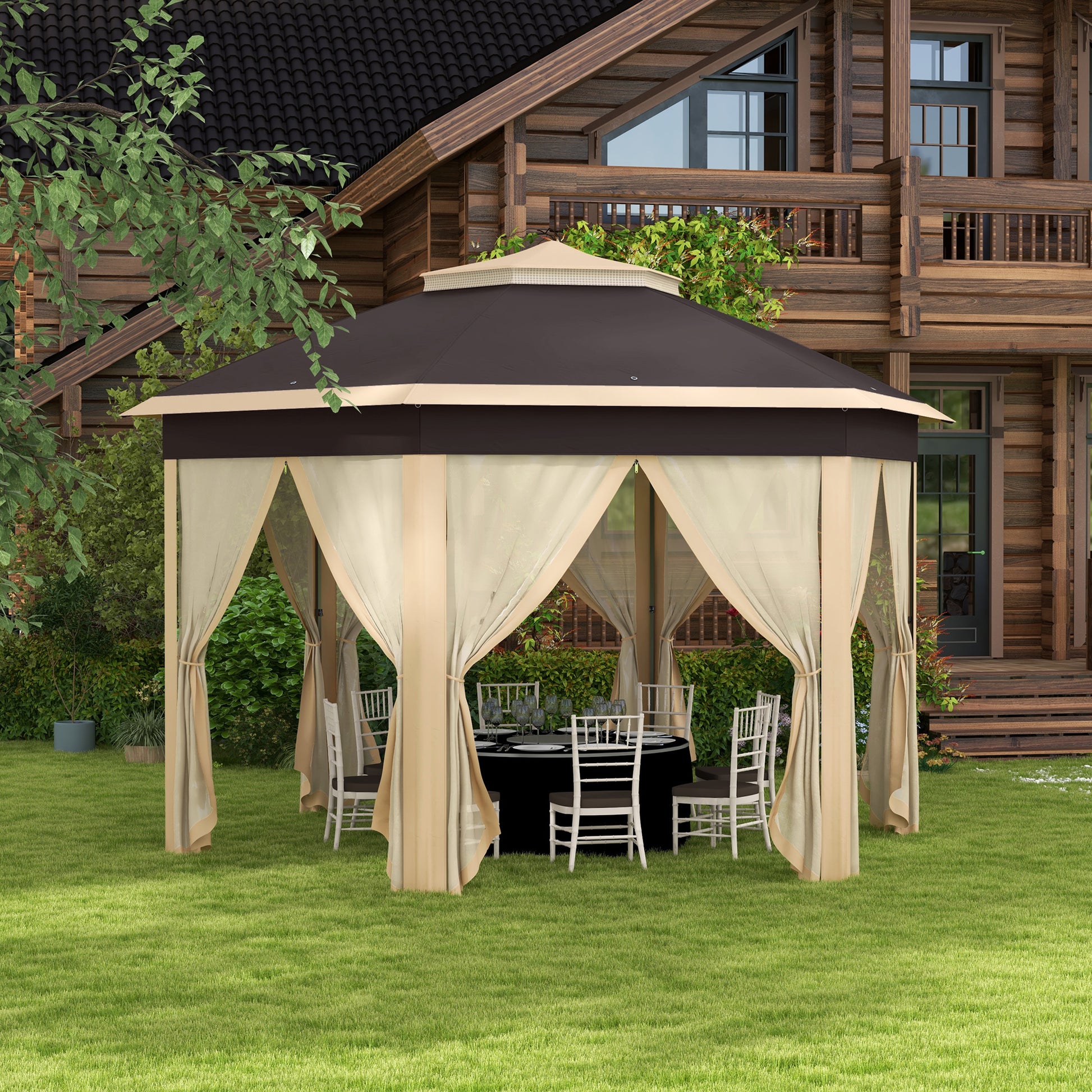 Outsunny 13' X 13' Pop Up Gazebo, Hexagonal Canopy Shelter With 6 Zippered Mesh Netting, Event Tent With Strong Steel Frame For Patio, Backyard, Garden, Wedding, Party, Beige Beige Steel