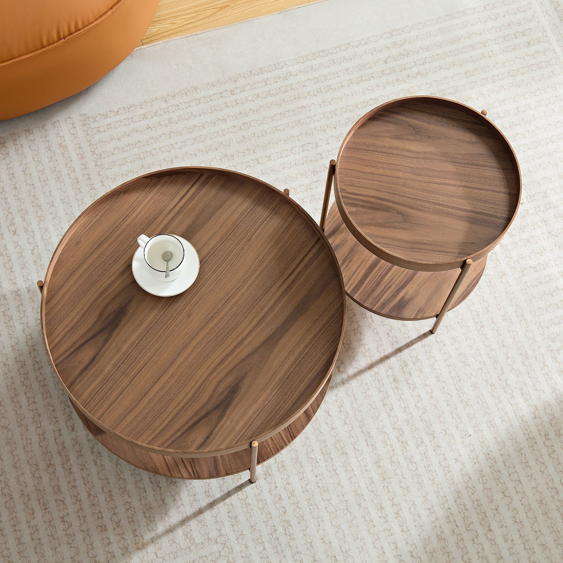 2 Piece Modern 2 Tier Round Coffee Table Set For Living Room,Easy Assembly Nesting Coffee Tables, End Side Tables For Bedroom Office Balcony Yard,Walnut Mdf Walnut Mdf Metal