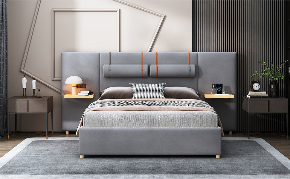 Queen Upholstered Platform Bed, Two Outlets And Usb Charging Ports On Both Sides, Two Bedside Pillows, Storage Shelves, Velvet,Gray Queen Gray Mdf Lvl