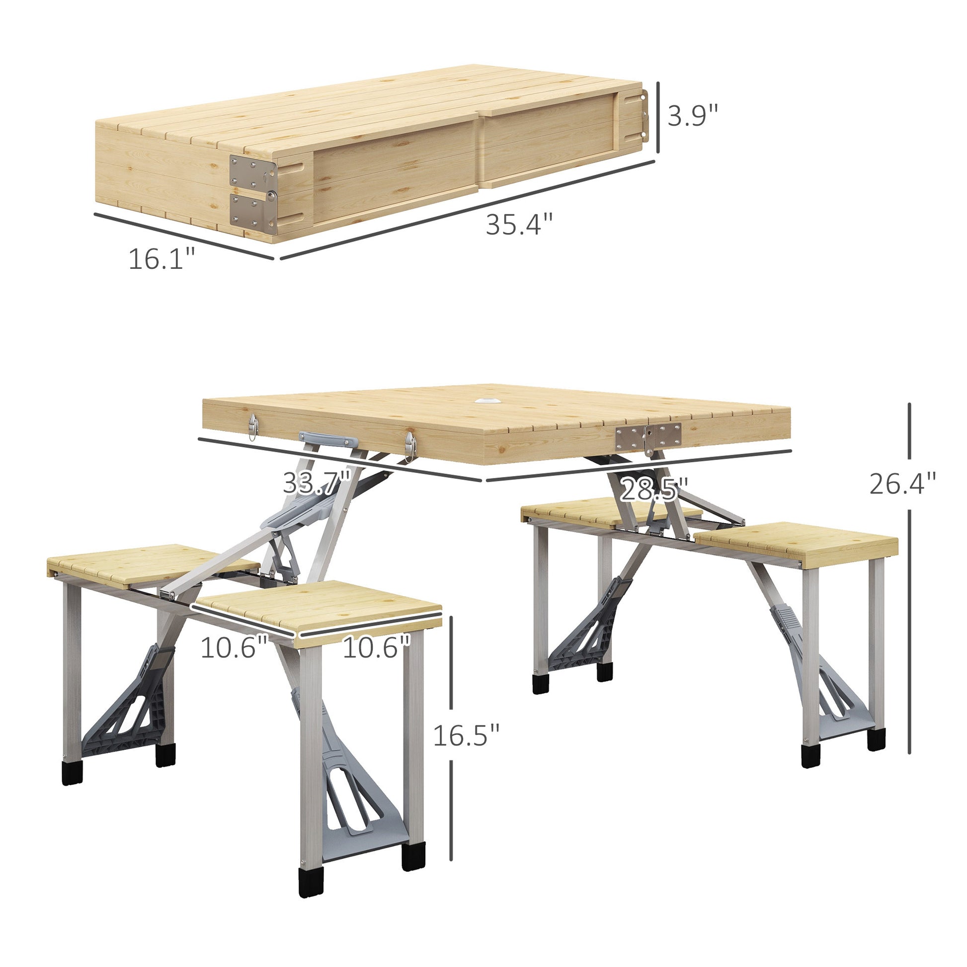 Outsunny Folding Picnic Table With Seats And Umbrella Hole, Aluminum Frame Camping Table And Chairs Set, Portable For Patio, Yard, Porch, Beach, Bbq Natural Wood Wood