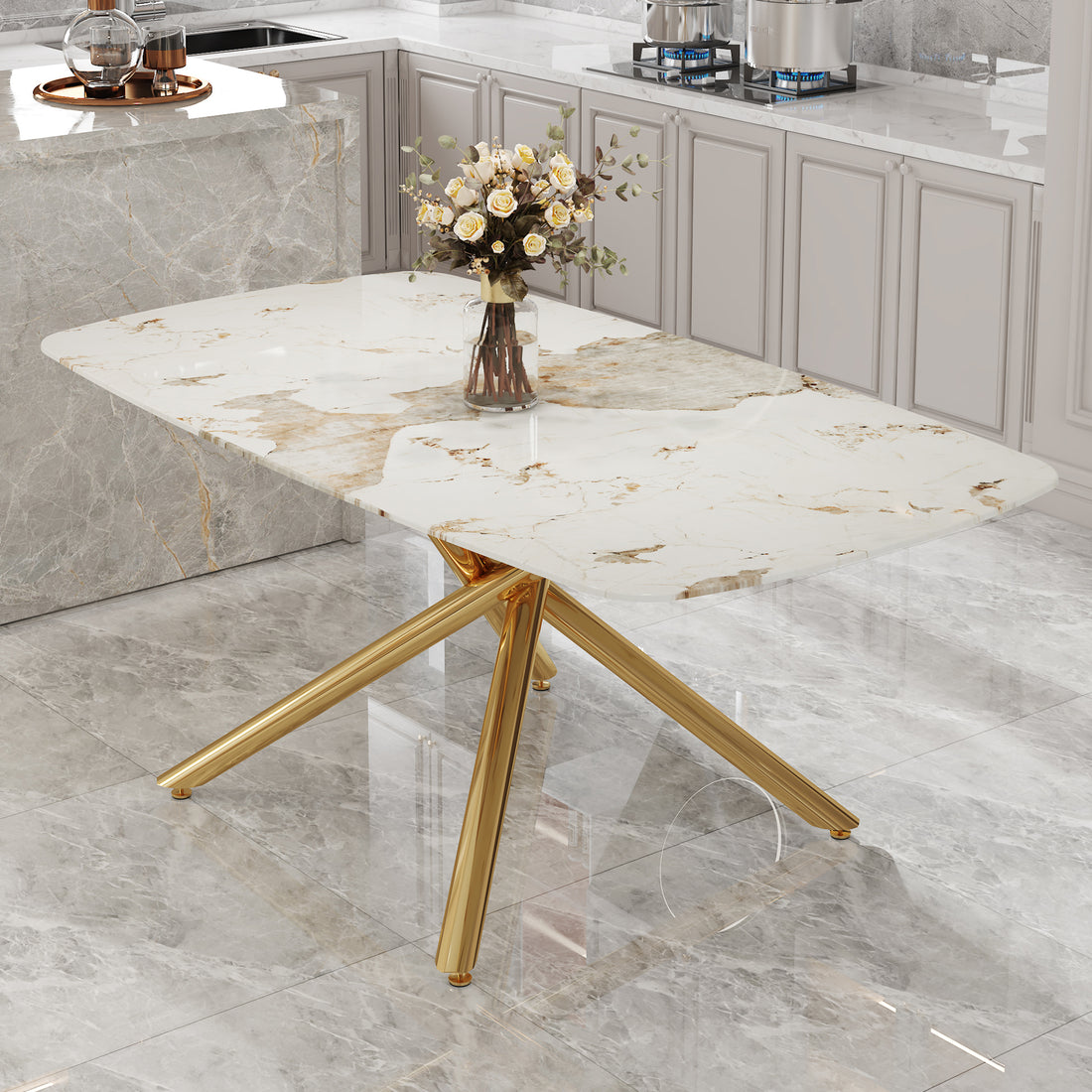 Large Modern Minimalist Rectangular Dining Table With 0.39 "Imitation Marble Tabletop And Golden Metal Legs, Suitable For Kitchen, Dining Room, Living Room, Conference Room, W1151S00987 Gold Glass Metal
