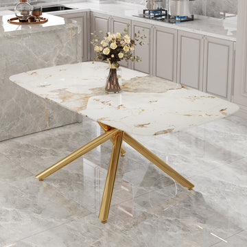 Large Modern Minimalist Rectangular Dining Table With 0.39 "Imitation Marble Tabletop And Golden Metal Legs, Suitable For Kitchen, Dining Room, Living Room, Conference Room, W1151S00987 Gold Glass Metal