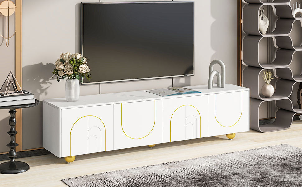 Modern Tv Stand For Tvs Up To 75 Inches, Entertainment Center With Storage Cabinets And 1 Adjustable Shelf, Media Console With Marble Patterned Top And Golden Round Metal Legs For Living Room White 70 79 Inches Mdf