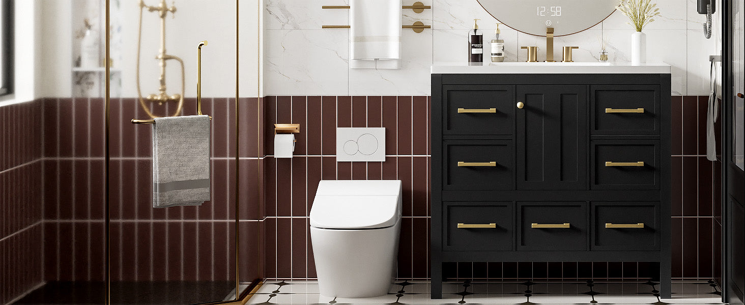 36'' Bathroom Vanity With Resin Sink Combo, Solid Wood Frame Bathroom Storage Cabinet, Freestanding Vanity Set With 5 Drawers& Soft Closing Doors Same As N710S136002B Black Bathroom Solid Wood Mdf Resin