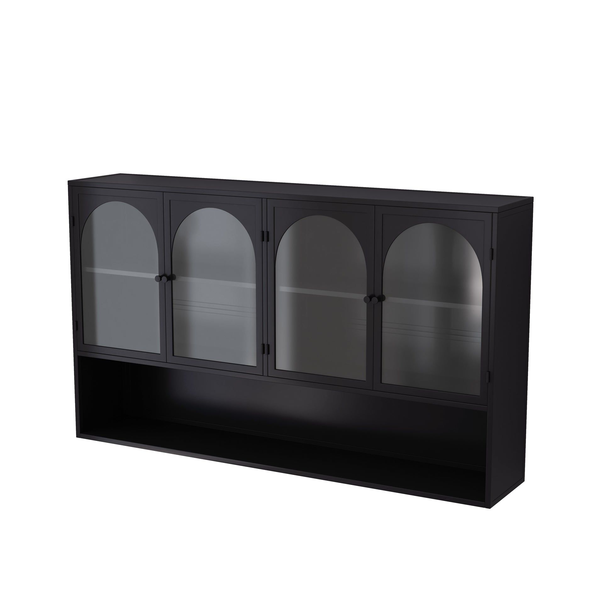 47.25" Four Door Glass Wall Cabinet Storage, Wall Mounted,Suitable For Kitchen, Living Room, Bathroom Black Black Glass Metal