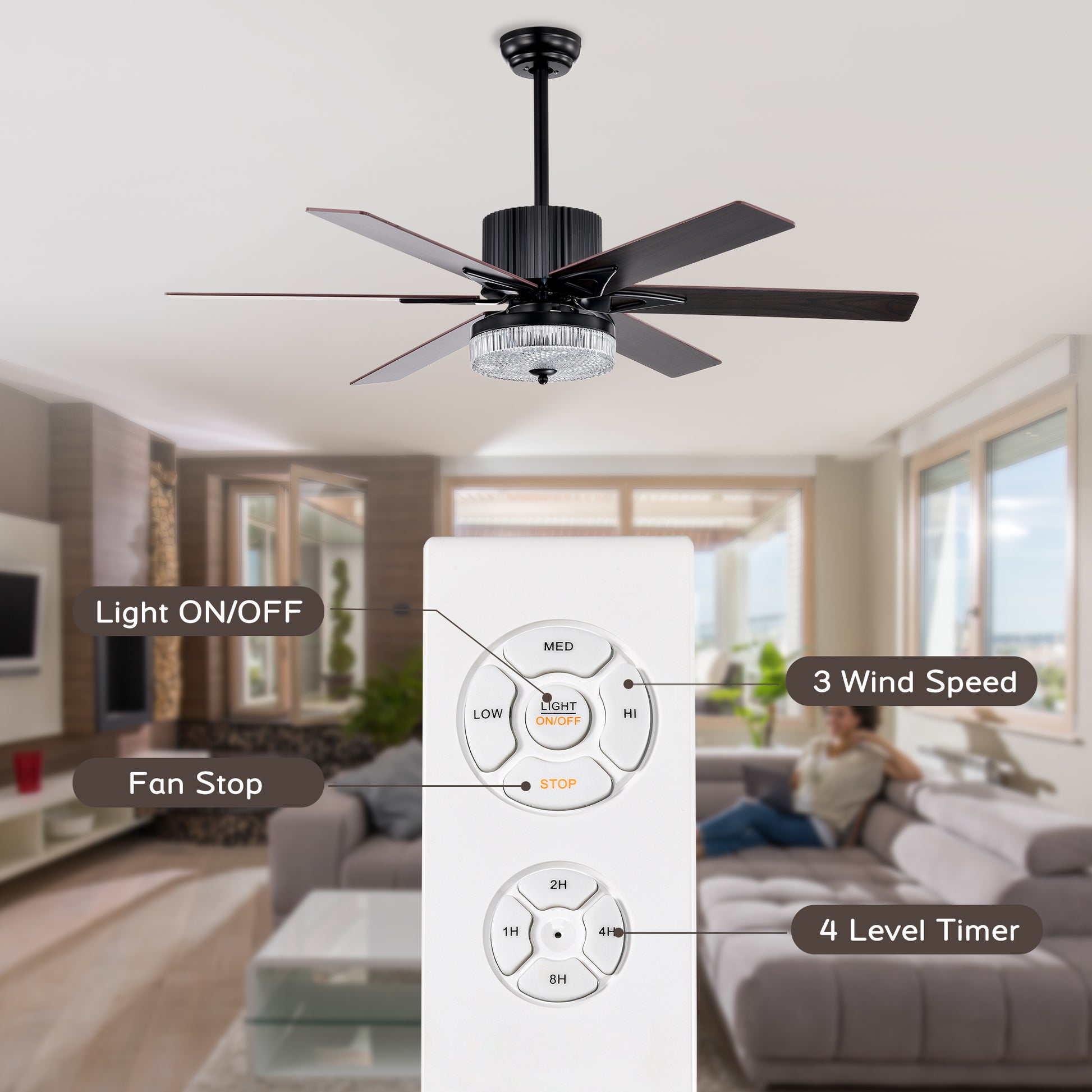 52 Inch Indoor Modern Led Ceiling Fan With Light And Remote Control, Reversible 6 Bladesreversible Motor Matte Black Matte Black Plywood Metal & Wood