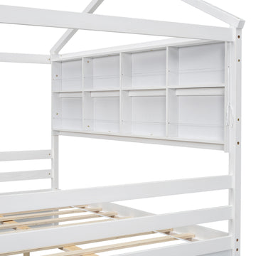 Full House Bed With Roof Frame, Bedside Shelves, Under Bed Storage Unit,White Full White American Design Pine