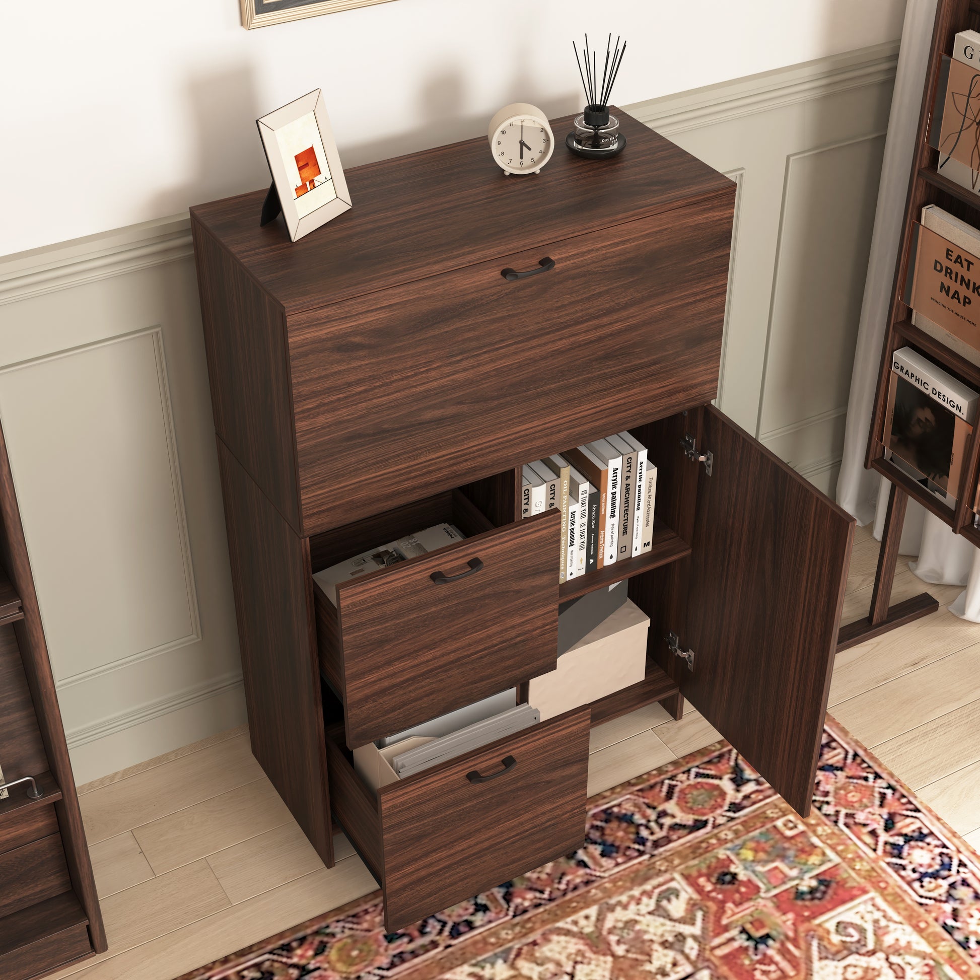 Desk Cabinet, With Storage Drawer & Shelves, Fold Up Desktop, Ideal For Home, Office, Dormitory, Small Spaces W31.49"Xd13.78"Xh47.2" Walnut Particle Board