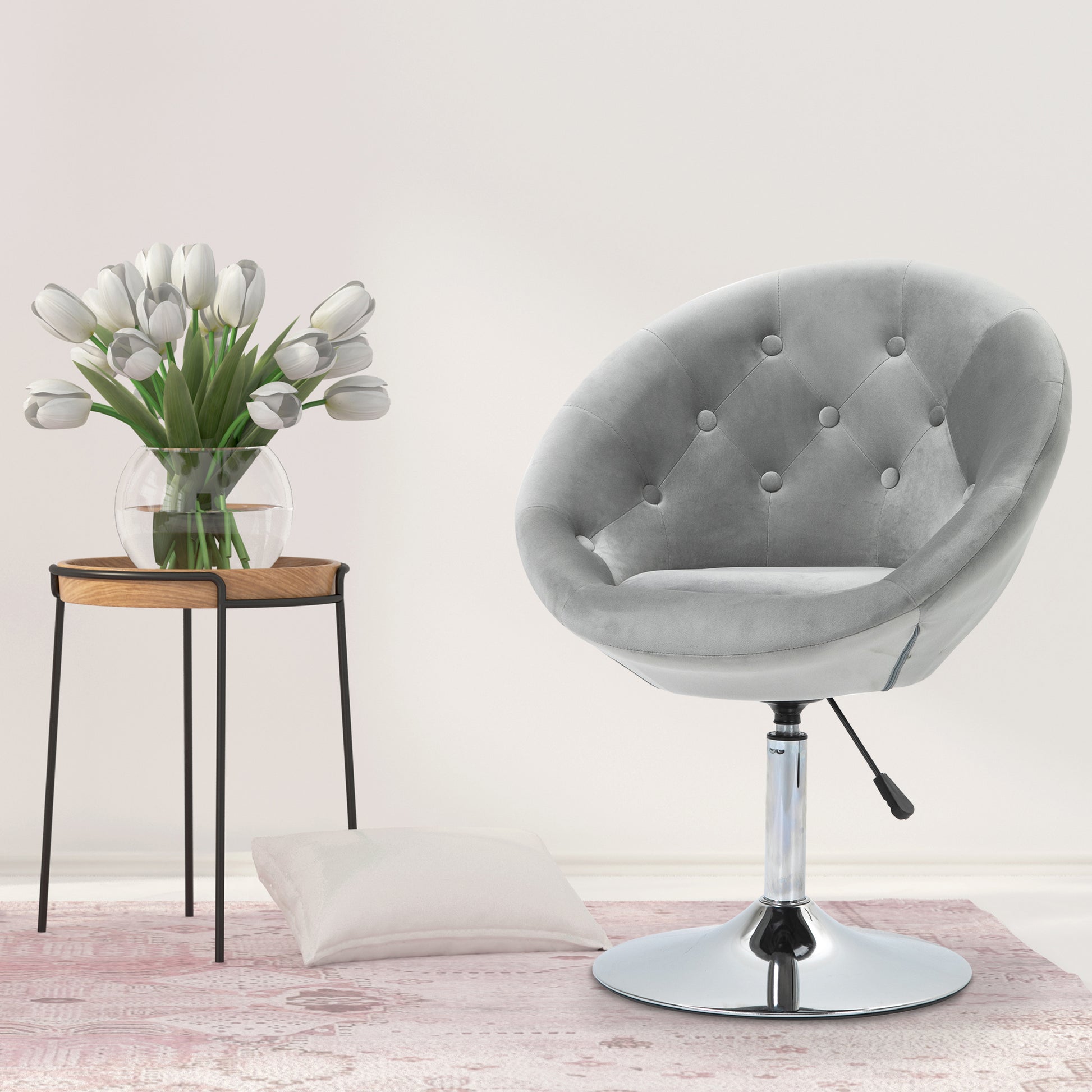 Homcom Modern Makeup Vanity Chair Round Tufted Swivel Accent Chair With Chrome Frame Height Adjustable For Living Room, Bedroom Gray Gray Polyester