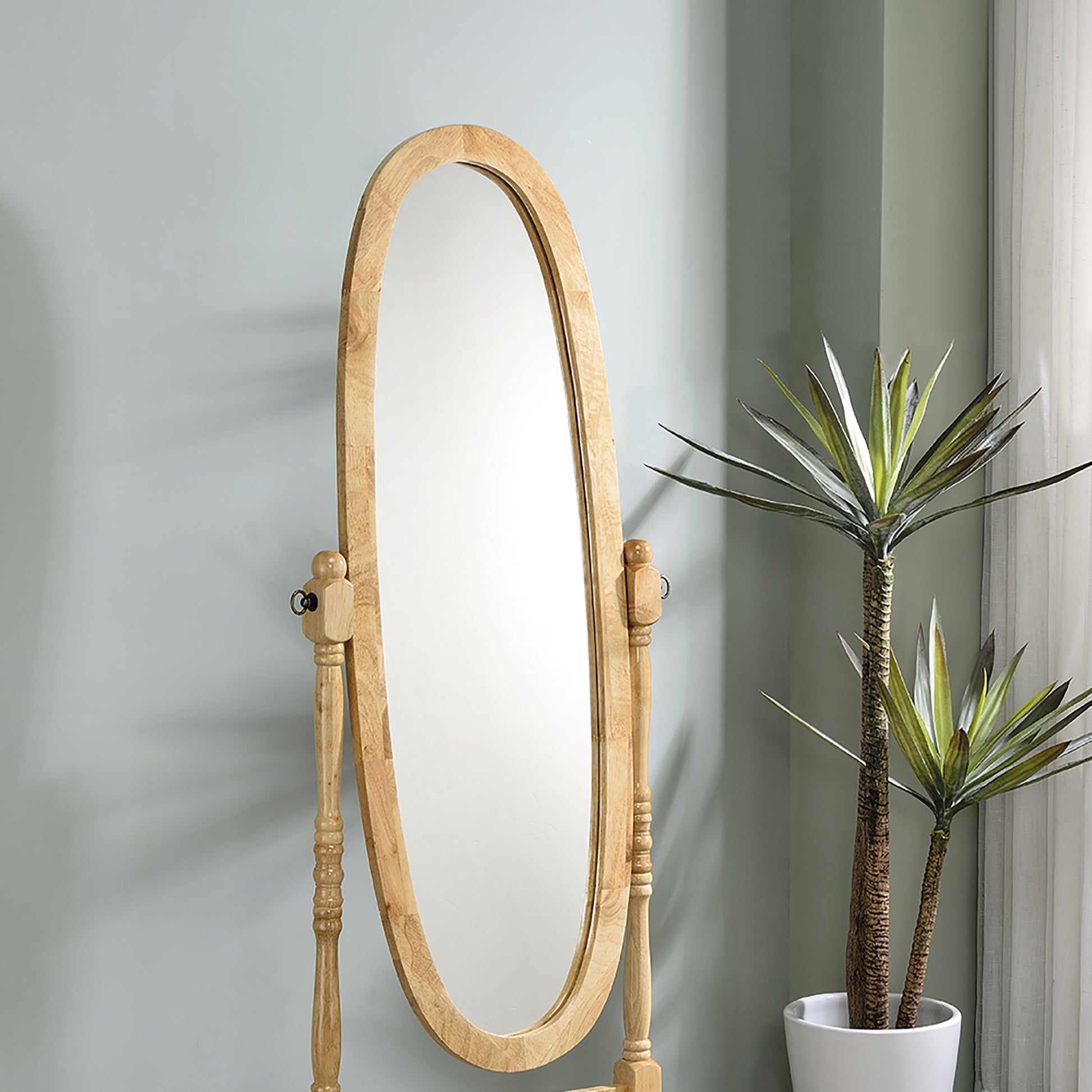 59.25" Tall Standing Wooden Floor Mirror With Natural Finish, Oval Shape Natural Wood