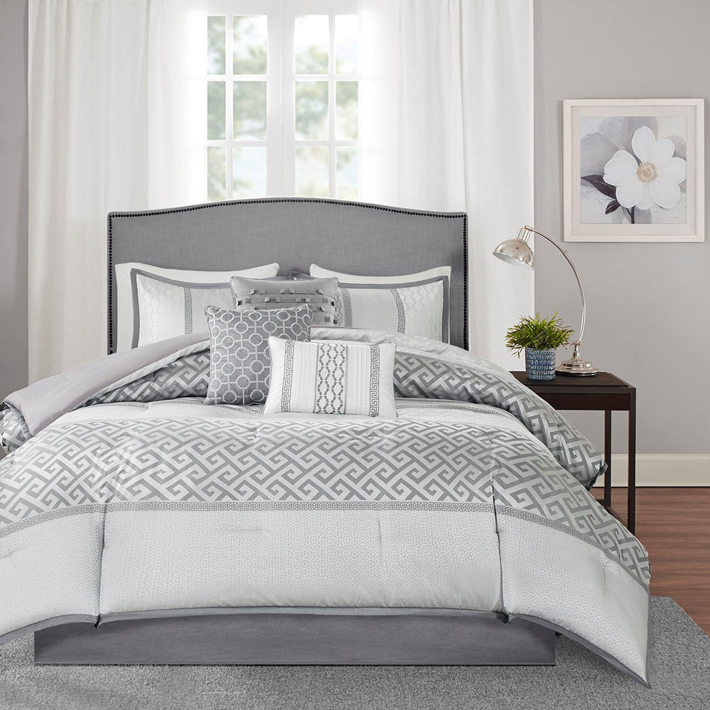 7 Piece Comforter Set Grey Queen Queen Grey Polyester