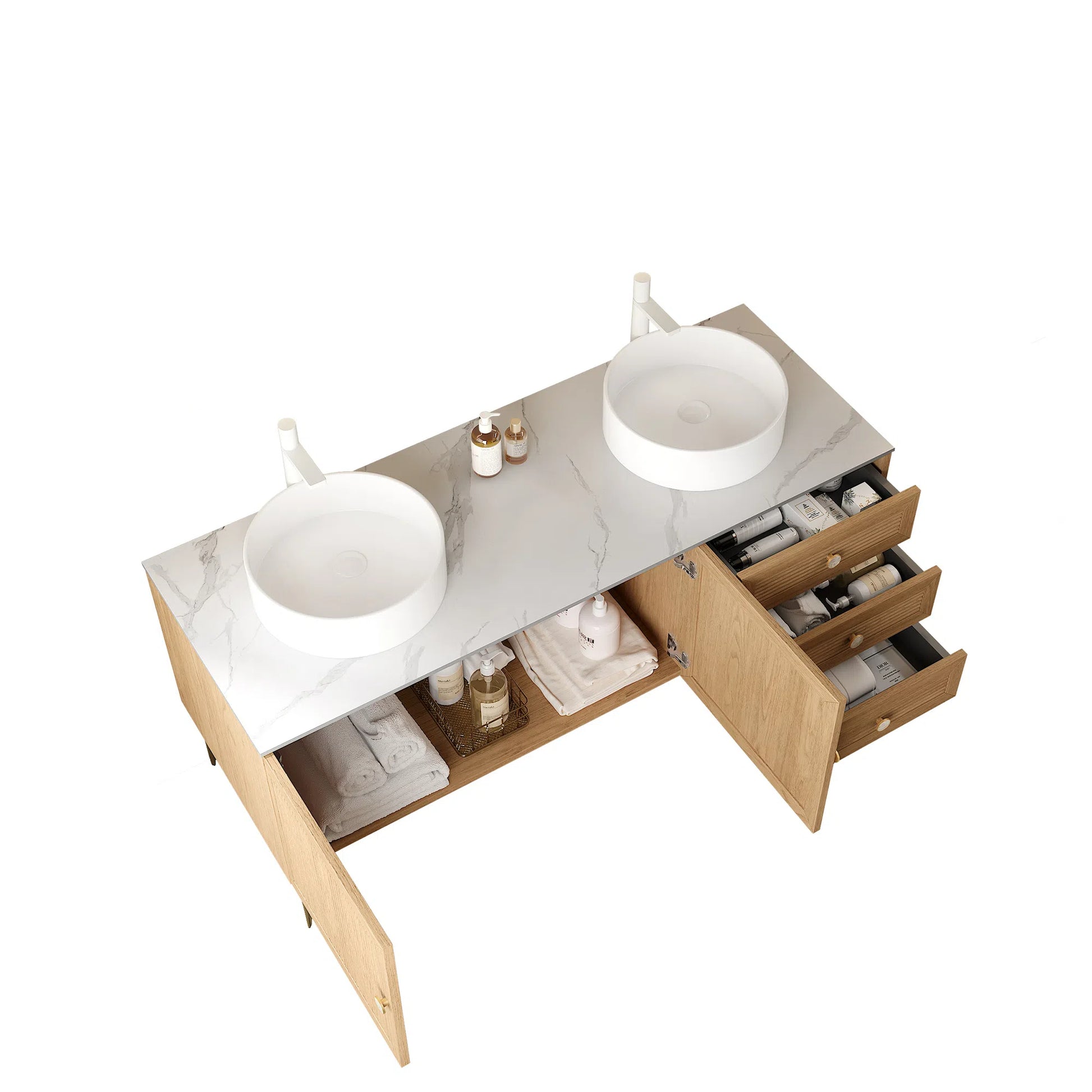 Munin 60" Bathroom Vanity With 2 Sinks, Freestanding Plywood Storage Cabinet With 5 Metal Legs, 3 Soft Closing Drawers And 2 Doors, White Ceramic Basin Without Faucet, Pre Assembled, Oak White Oak