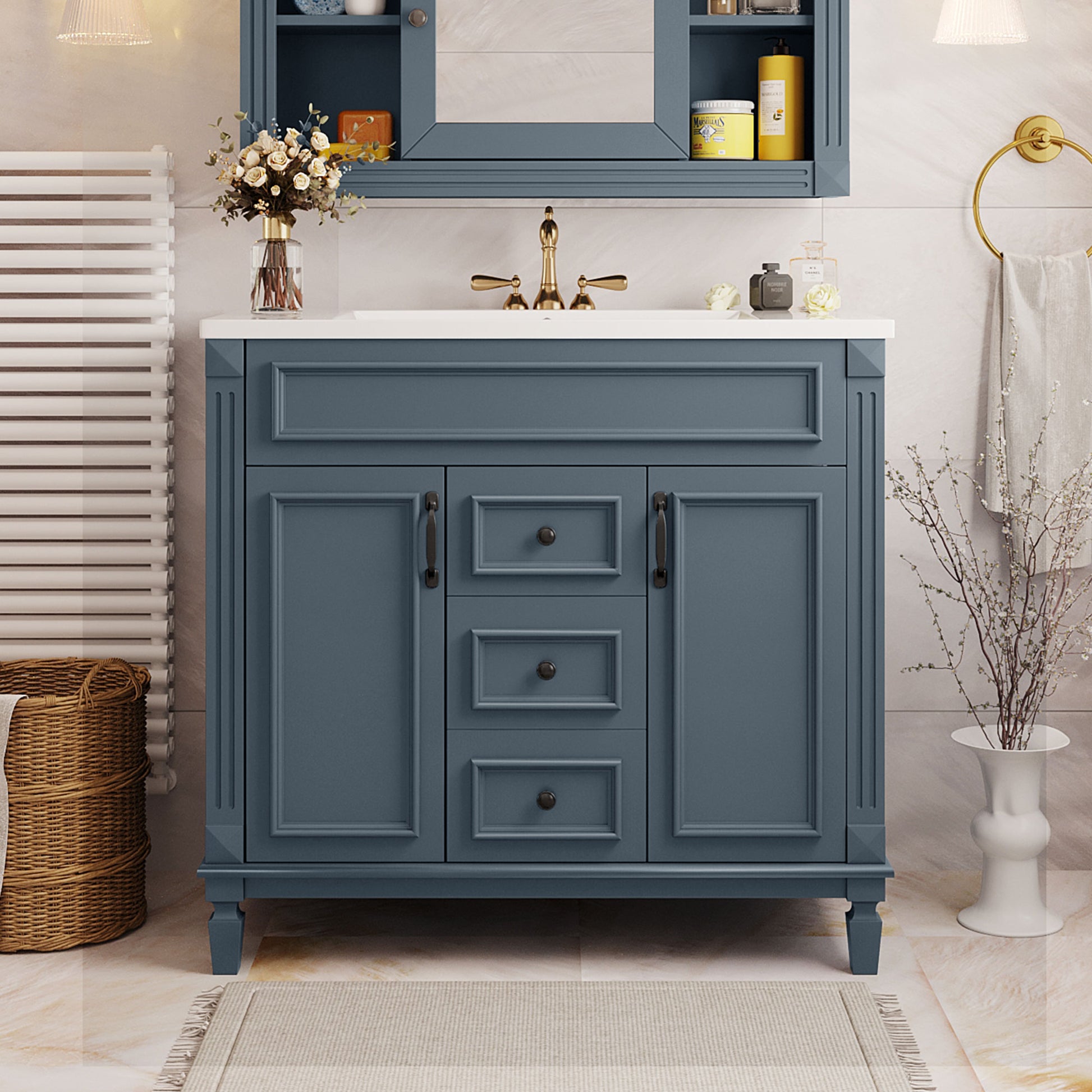 36'' Bathroom Vanity With Top Sink, Modern Bathroom Storage Cabinet With 2 Soft Closing Doors And 2 Drawers, Single Sink Bathroom Vanity Blue Bathroom Modern Solid Wood Mdf Ceramic,Solid Wood Mdf