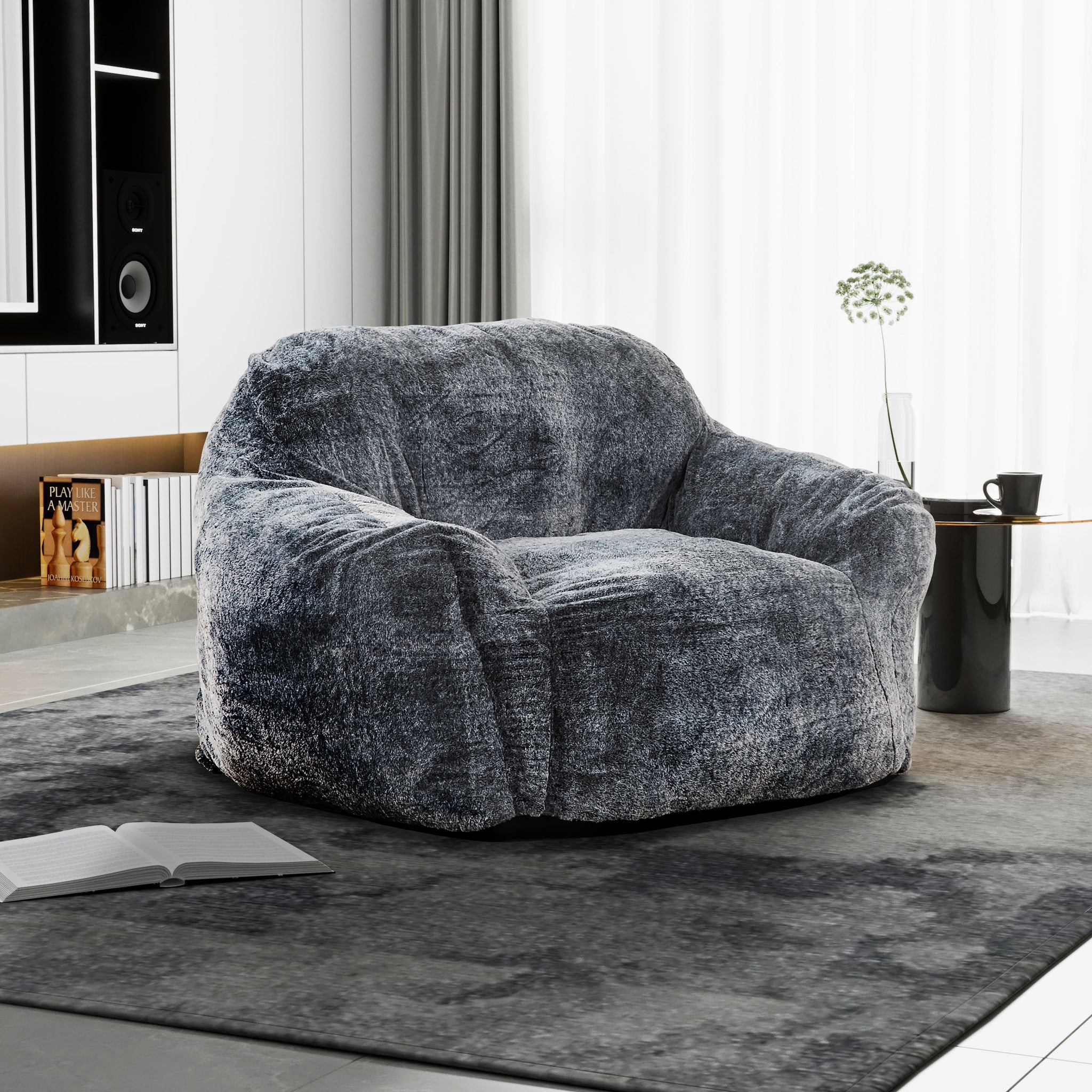 Modern Soft Faux Fur Memory Foam Bean Bag With Armrest, Living Room Lounger Chair, Blue Gray Black Grey Polyester Primary Living Space Soft Modern Memory Foam Polyester