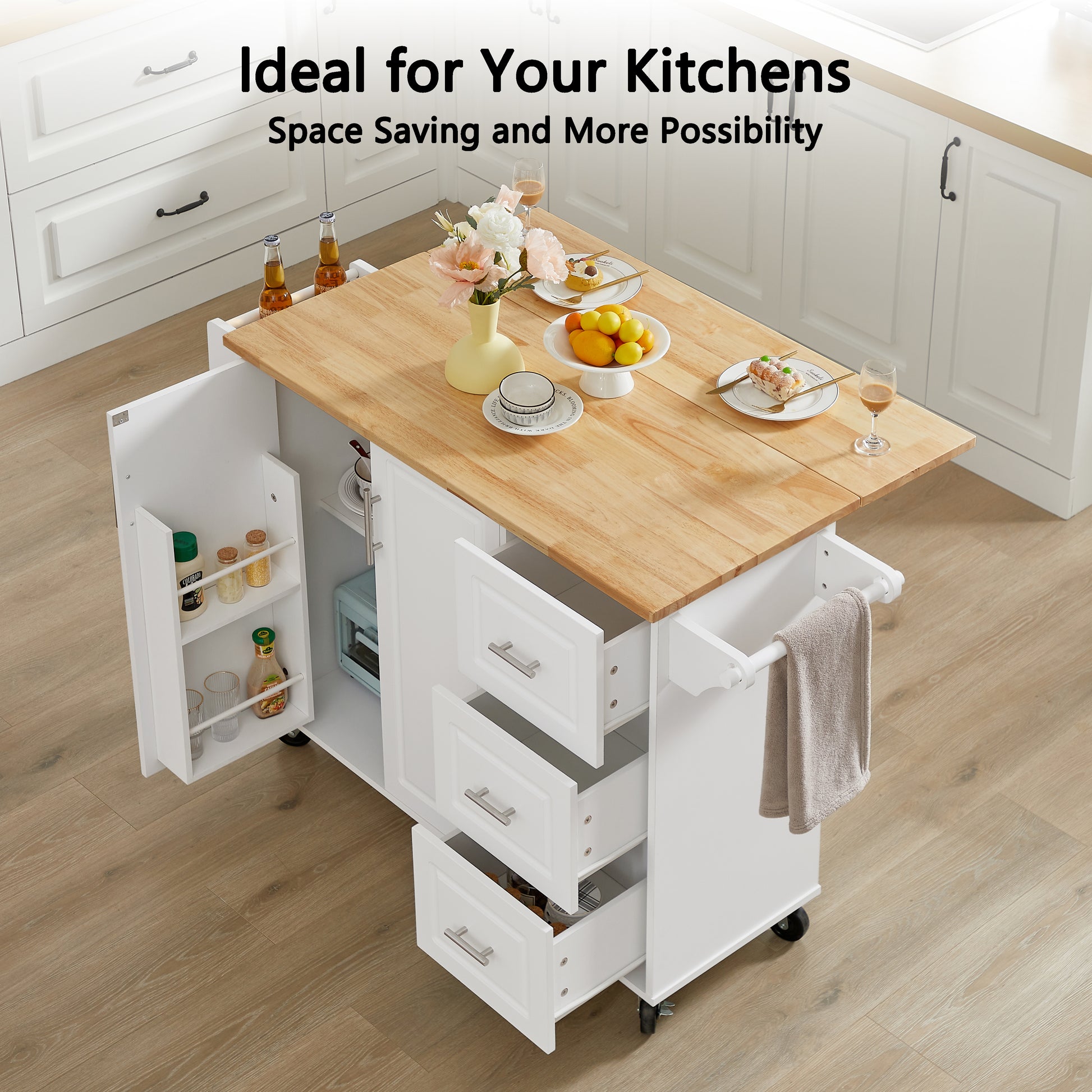 Kitchen Island With Drop Leaf Countertop, Rolling Kitchen Island Cartbarn Door Kitchen Island Table With Storage Cabinet And Tower Rack, Island Table On Wheels For Kitchen, White White White Rectangular Kitchen Carts Particle Board Medium 40 55In